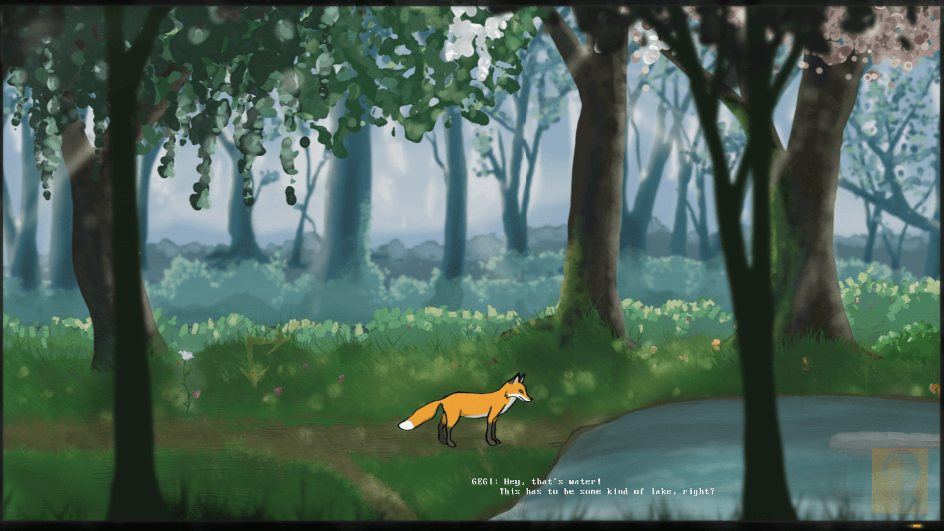 The fox of Auf Abwegen stands at a pond in the forest. Subtitles show the character Gegi saying 