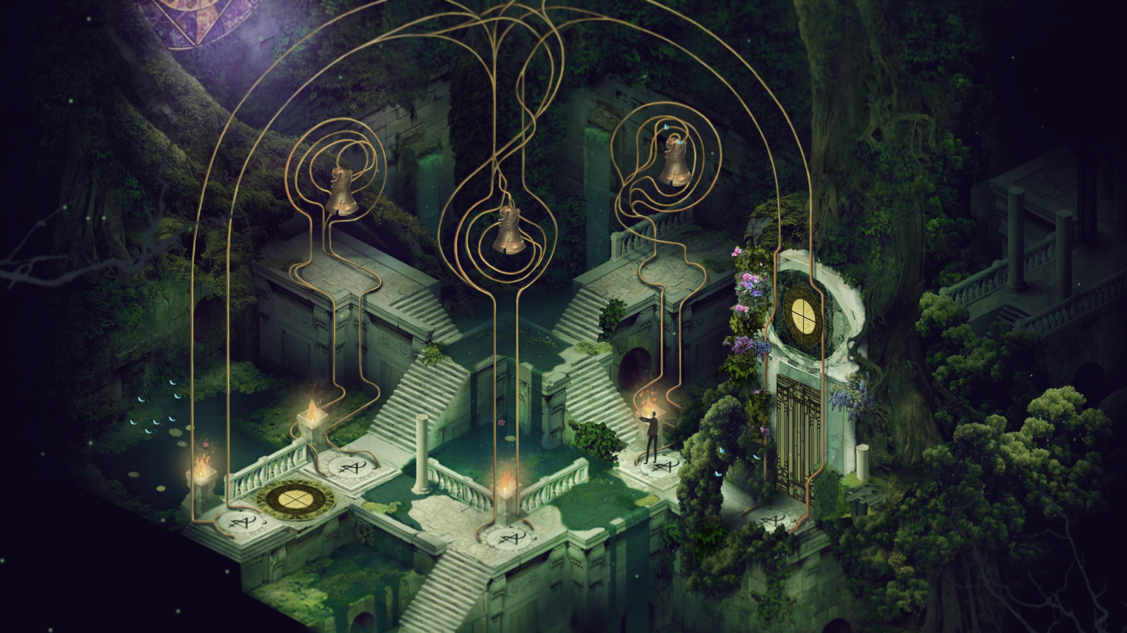 The main character of Pavilion stands on a platform amidst water below three metal bells. The bells are suspended by swirling loops of metal.