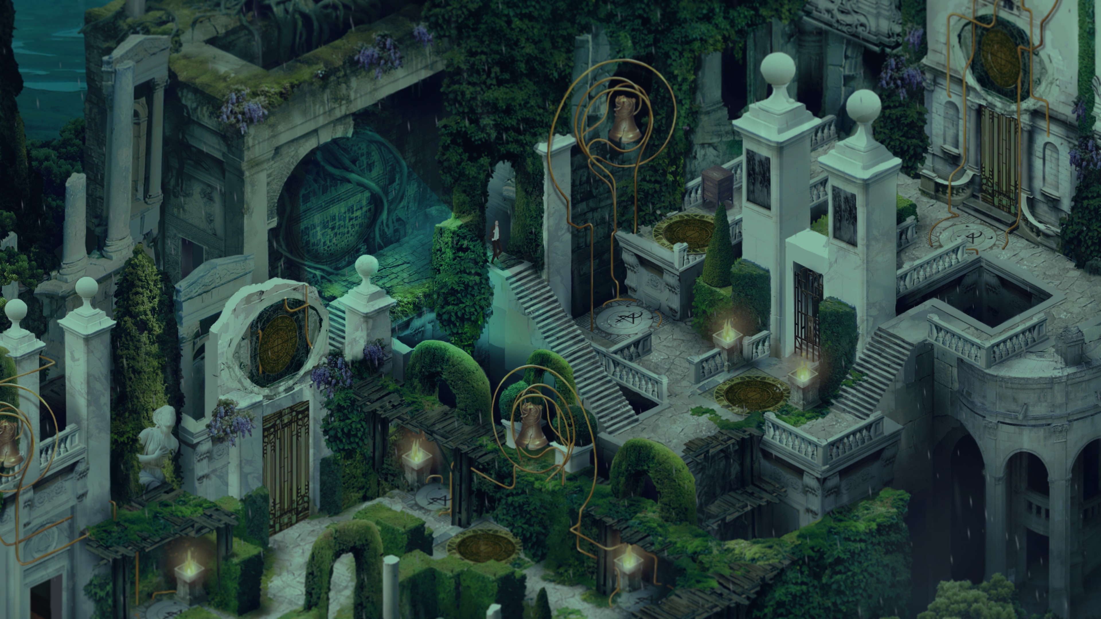 The main character of Pavilion walks through a garden of carved marble, ivy, and perfectly shaped bushes.