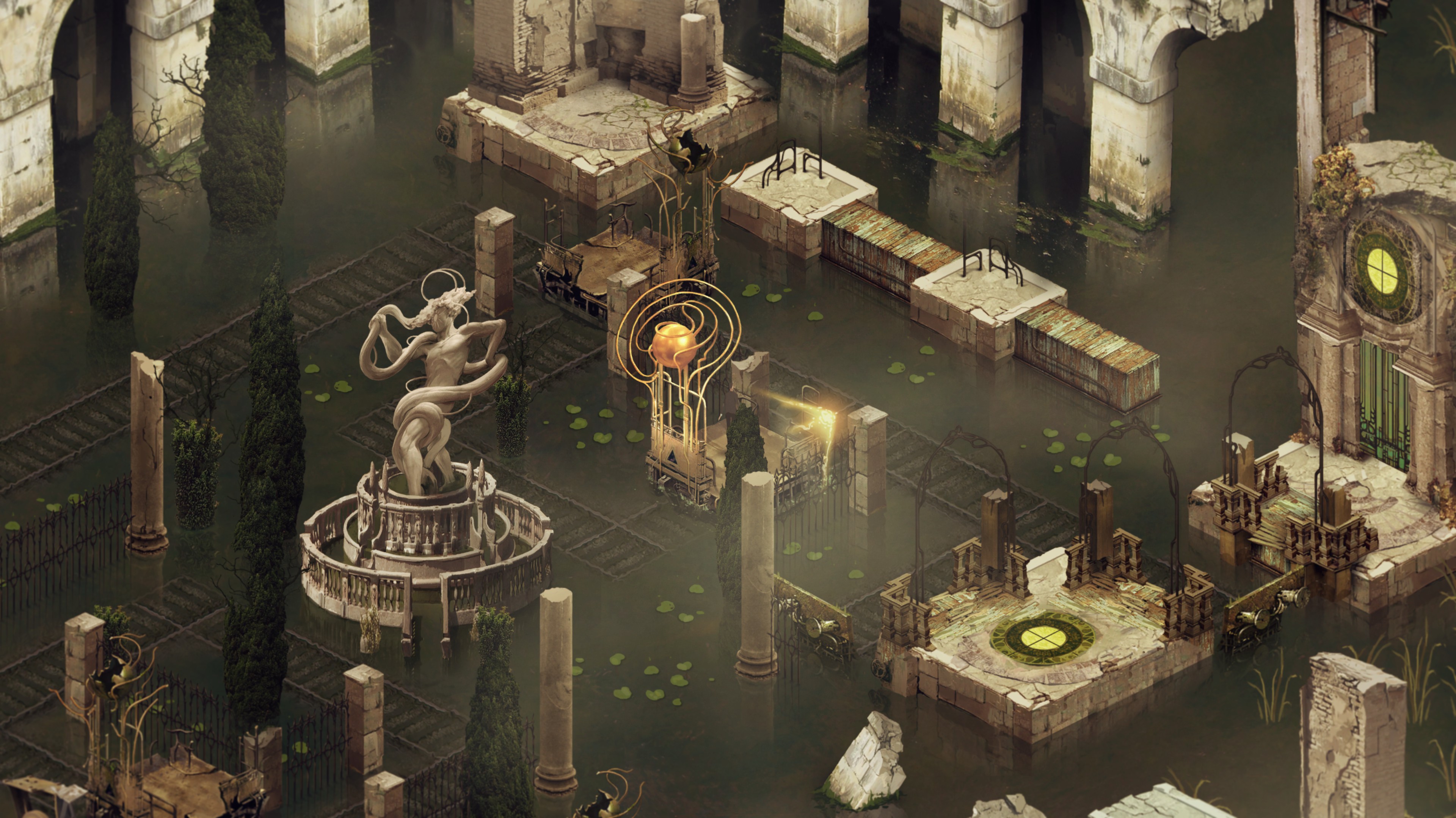 The main character of Pavilion stands on a rail cart powered by a metal orb. Rails criss-cross through the water between stone platforms.