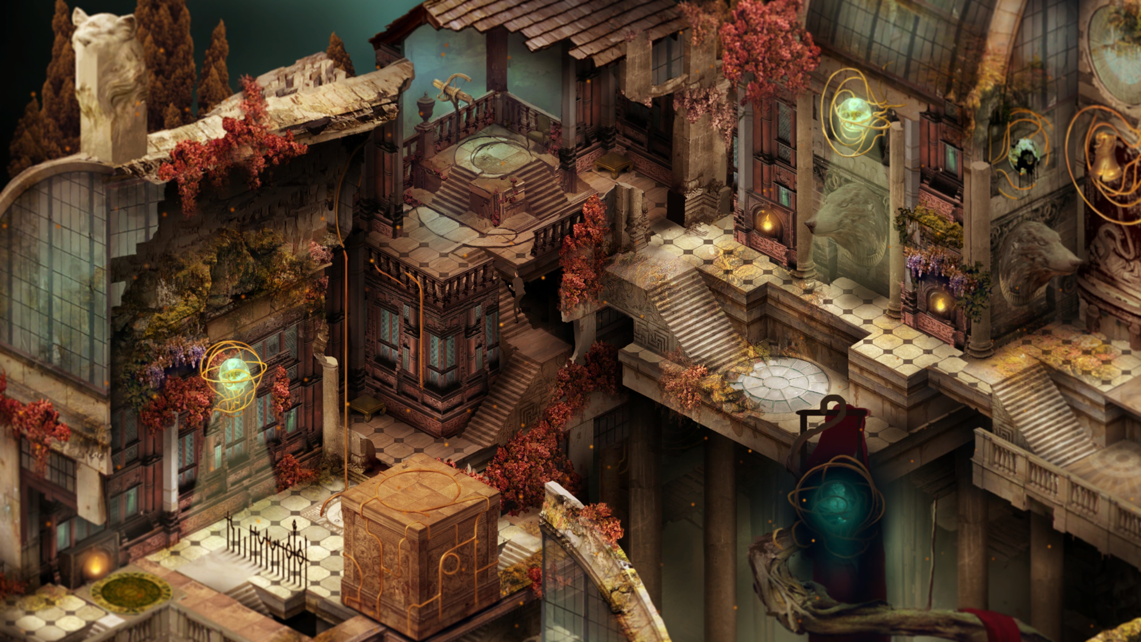 The main character of Pavilion walks through the ruins of a stone house with perfectly preserved wooden stairs and stained glass. Red leafed bushes grow all around.