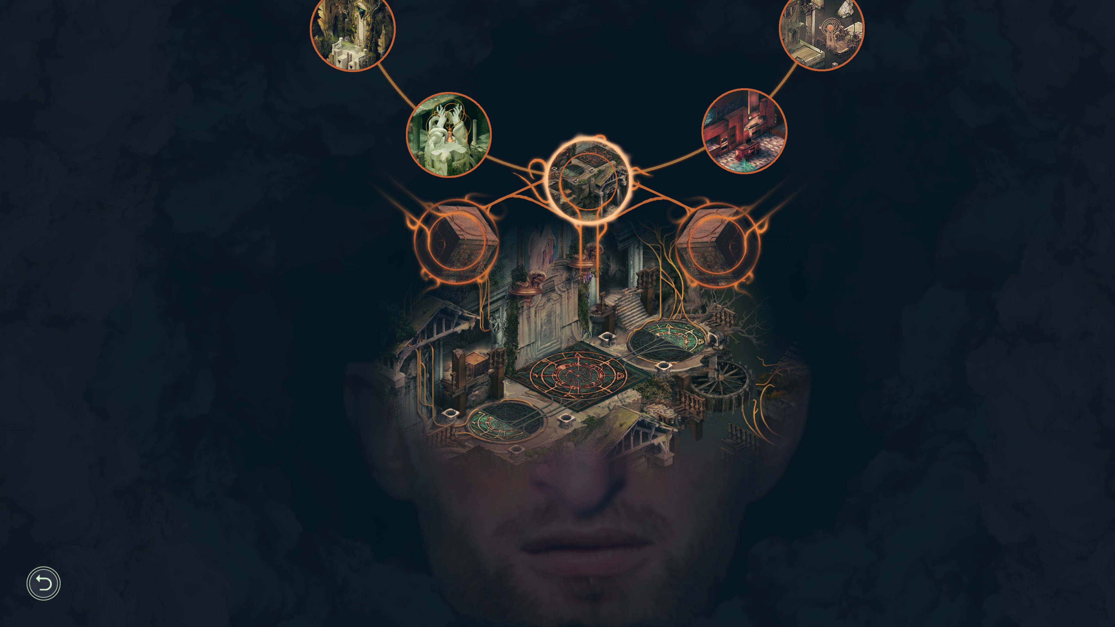 Circular level selection above the lower half of a marble human face