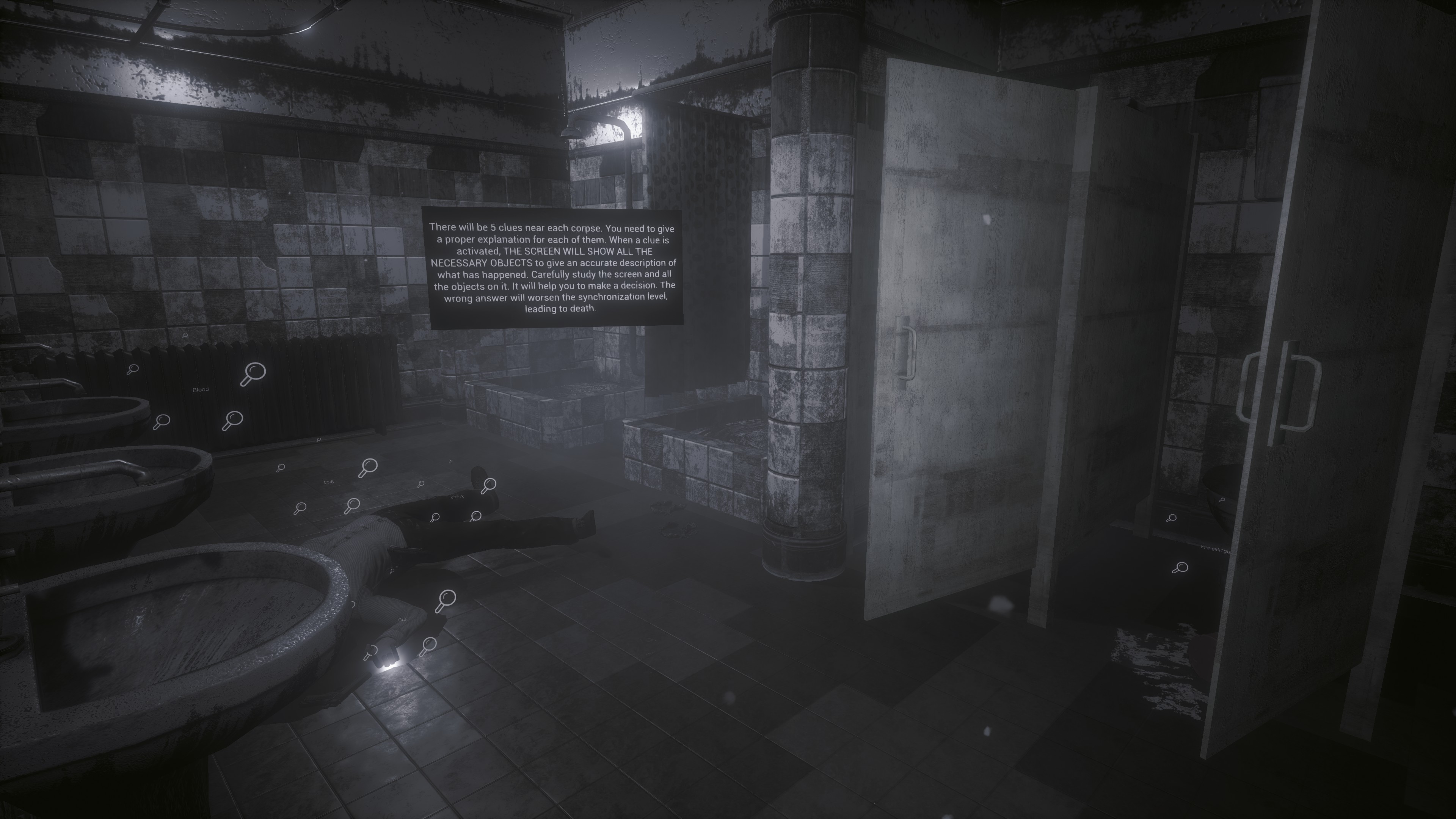 Disgusting bathroom with a male corpse on the floor. Magnifying glass symbols float around the corpse. Floating text over the corpse details how to gather clues around a corpse and that it's necessary to interact with all the objects to progress.