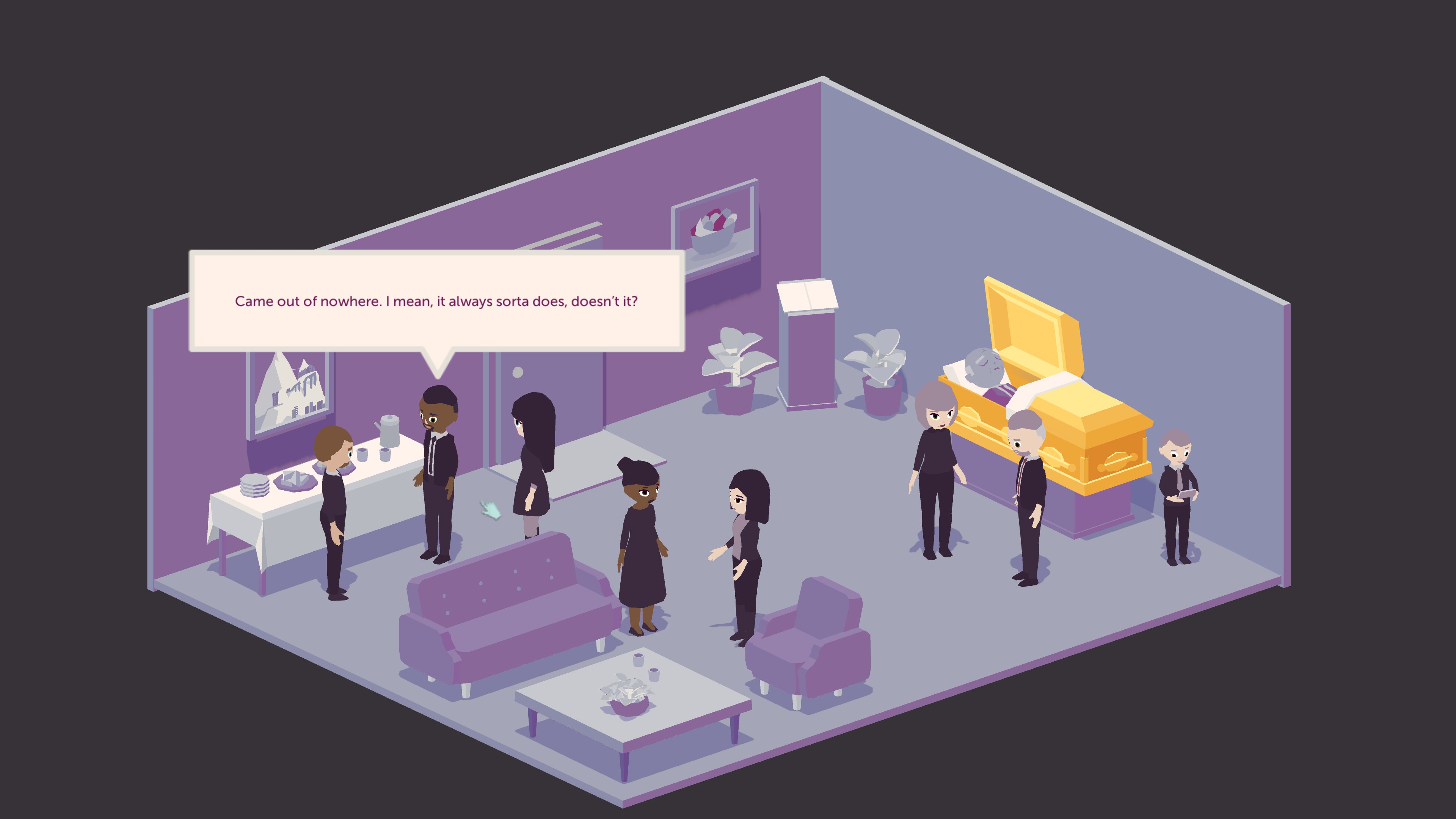 Charlie attending a funeral. One of the attendees is saying: Came out of nowhere. I mean, it always sorta does, doesn't it?