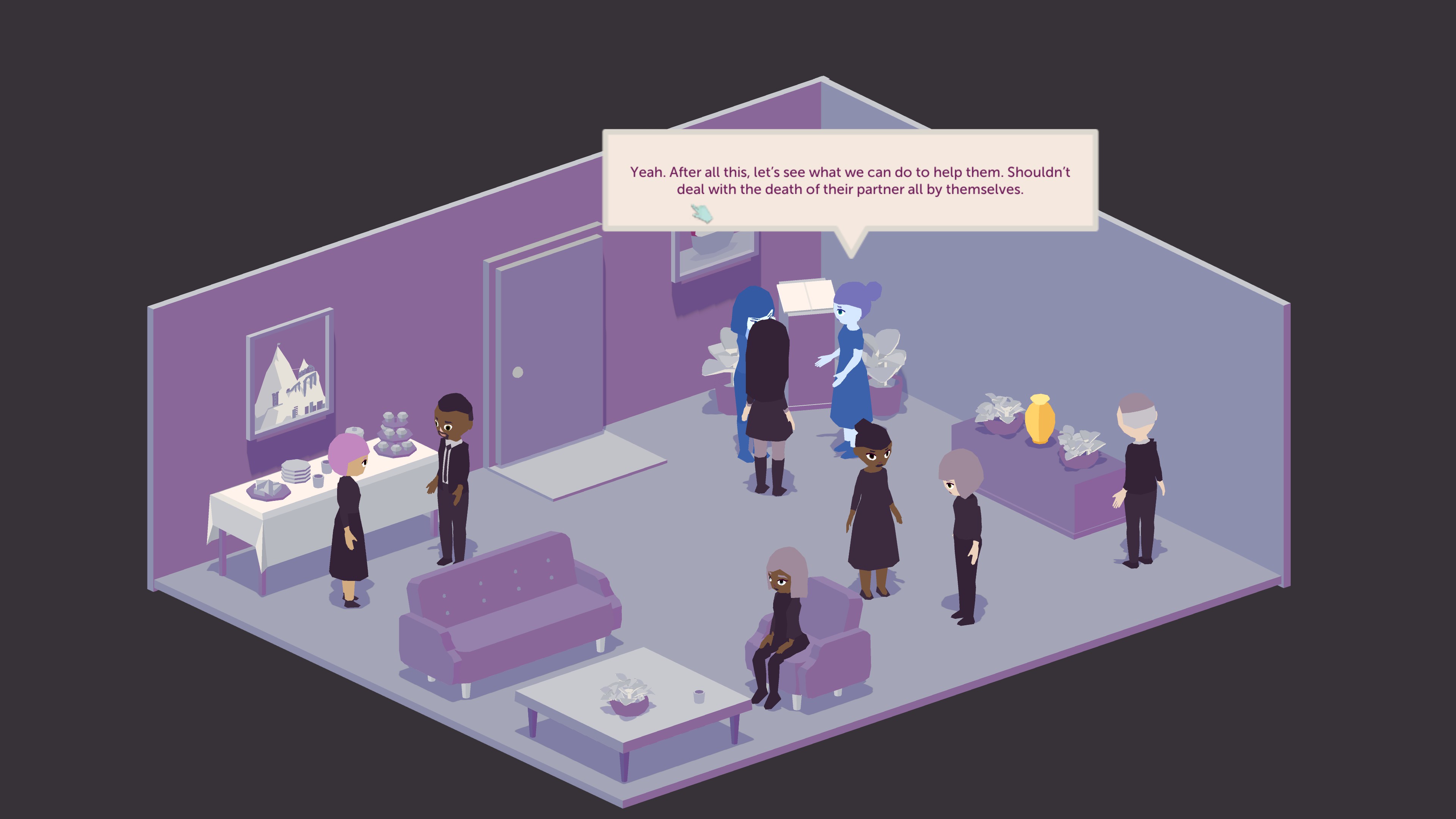 An attendee at a funeral saying: yeah. after all this, let's see what we can do to help them. Shouldn't deal with the death of their partner all by themselves.