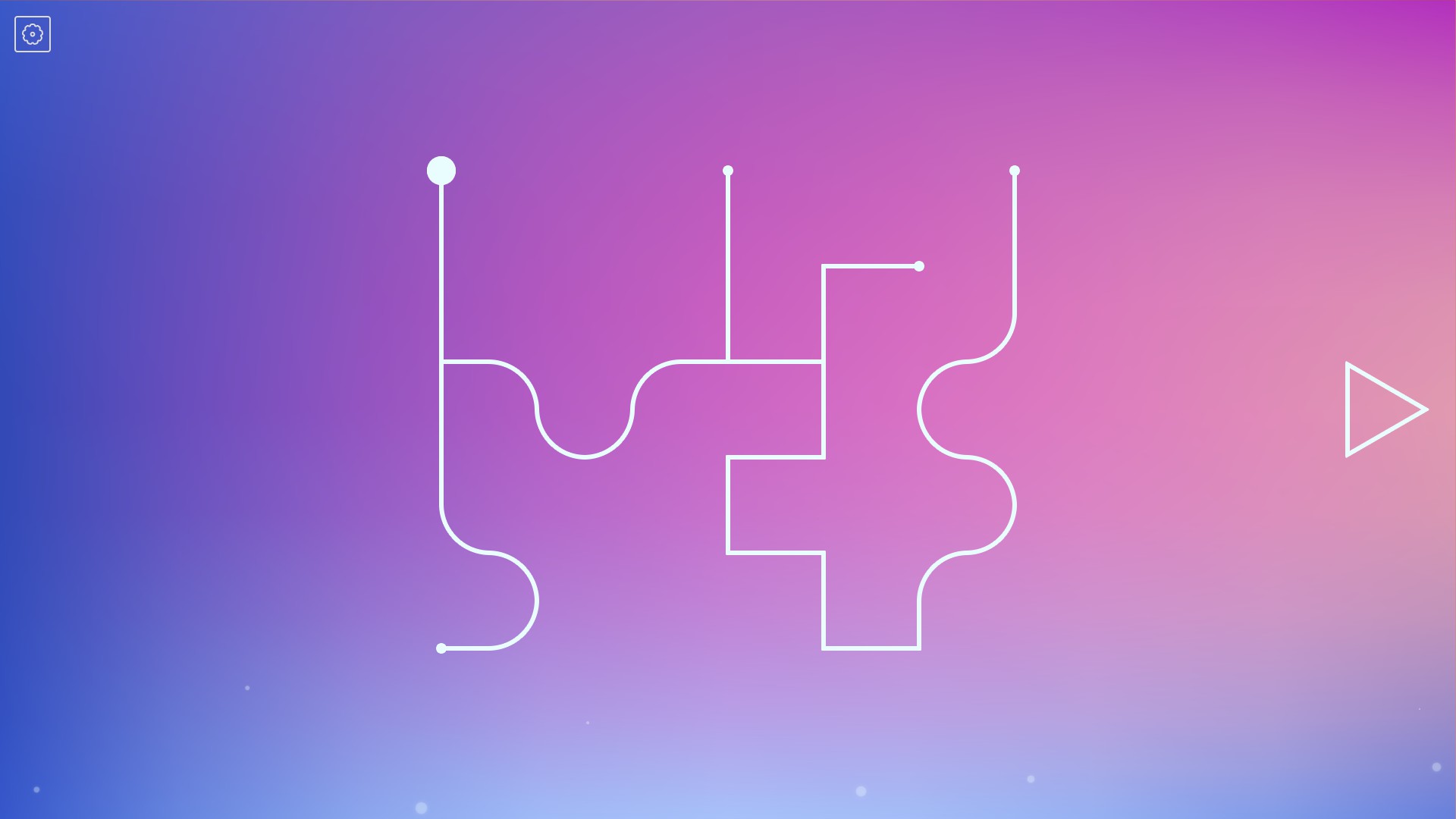 A winding white thread on a pastel purple, pink, and blue gradient background. The thread splits 3 times leaving 1 start and 4 endpoints.