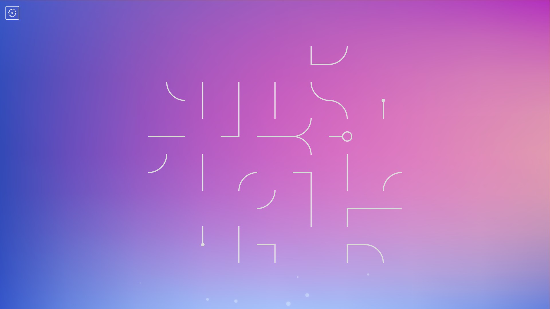 Fragmented white lines on a purple, pink, and blue gradient background