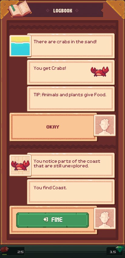 Logbook in Tinker Island. Displays the following text: There are crabs in the sand! You get Crabs! TIP: Animals and plants give food. You notice parts of the coast that are still unexplored. You find Coast.