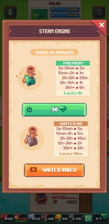 Option to speed up progress timers on Tinker Island. Timers from 3 seconds to 10 minutes become 3 seconds. 10 minutes to 2 hours becomes 1 minute. 2 hours to 12 hours becomes 20 minutes. 12 hours to 36 hours becomes 1 hour. and 36 hours of more becomes 6 hours. The effect lasts 1 hour.