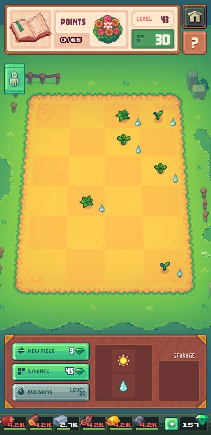 Grid of plants with either sun or raindrop symbols. Multi-space tiles of sun or rain must be placed over the grid to grow the plants without killing their neighbors.