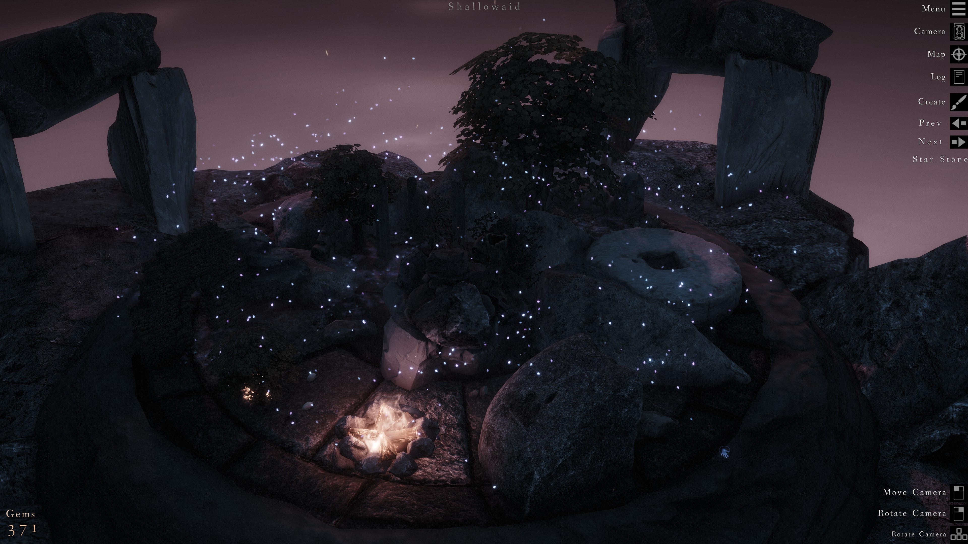 A dawn scene of trees and ruins amidst large boulders, many fireflies, and glowing moss.