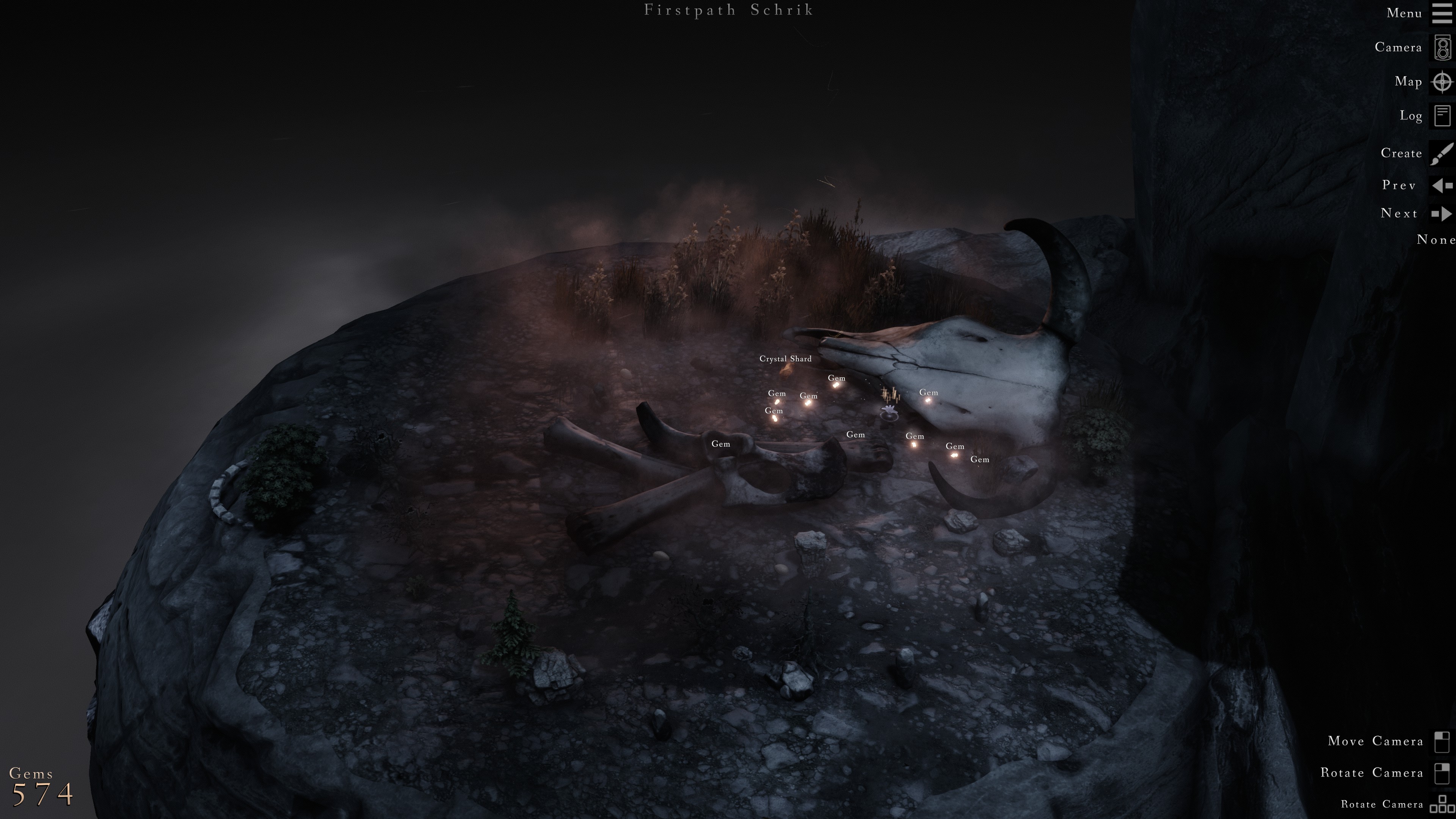 A barren dirt scene with an oversized bull skull and bones in the center. Miniature trees and rocks are clustered to one side while glowing gems are being picked up near the middle.