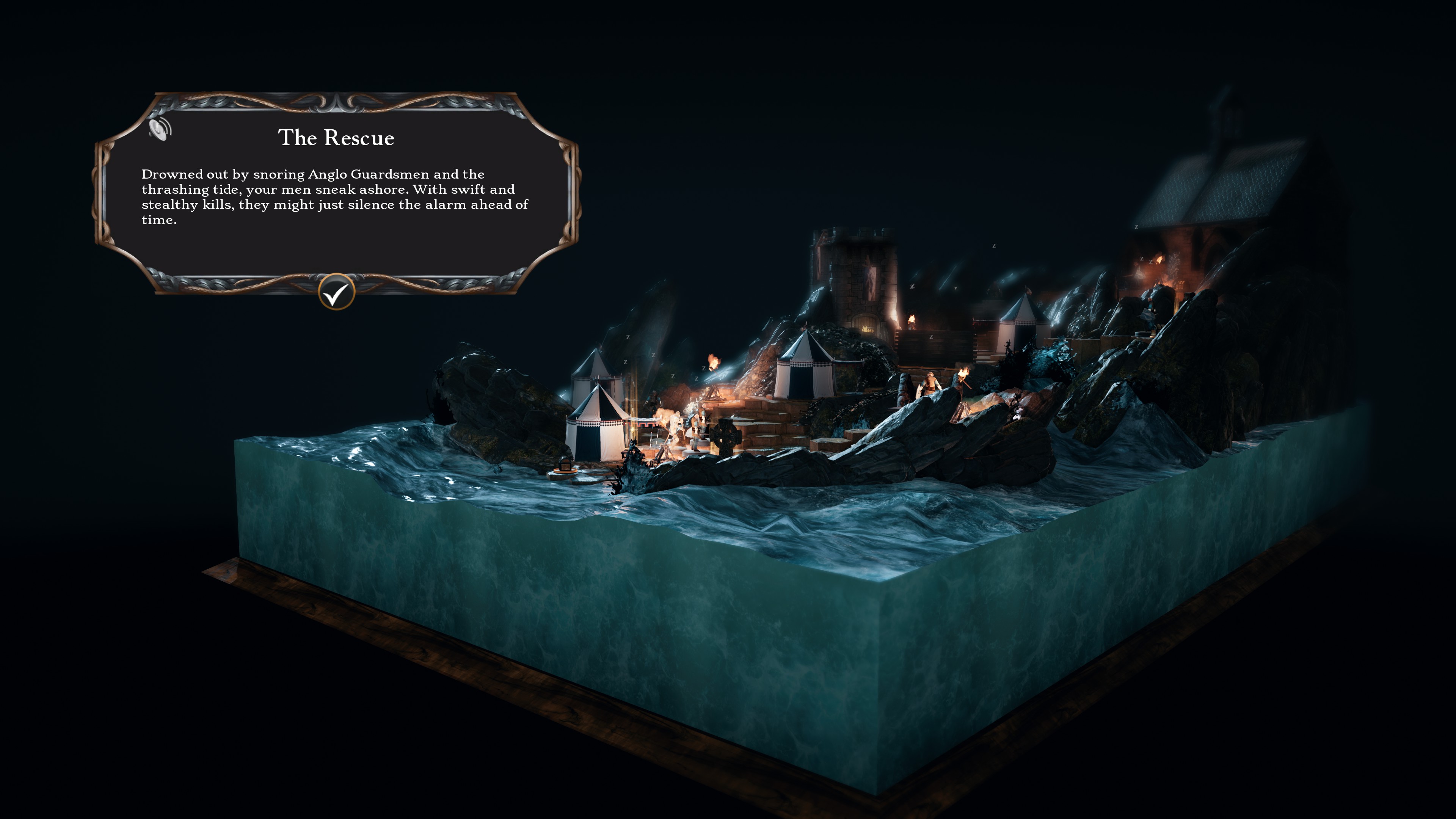 The Rescue. Drowned out by snoring Anglo Guardsmen and the thrashing tide, your men sneak ashore. With swift and stealthy kills, they might just silence the alarm ahead of time.
