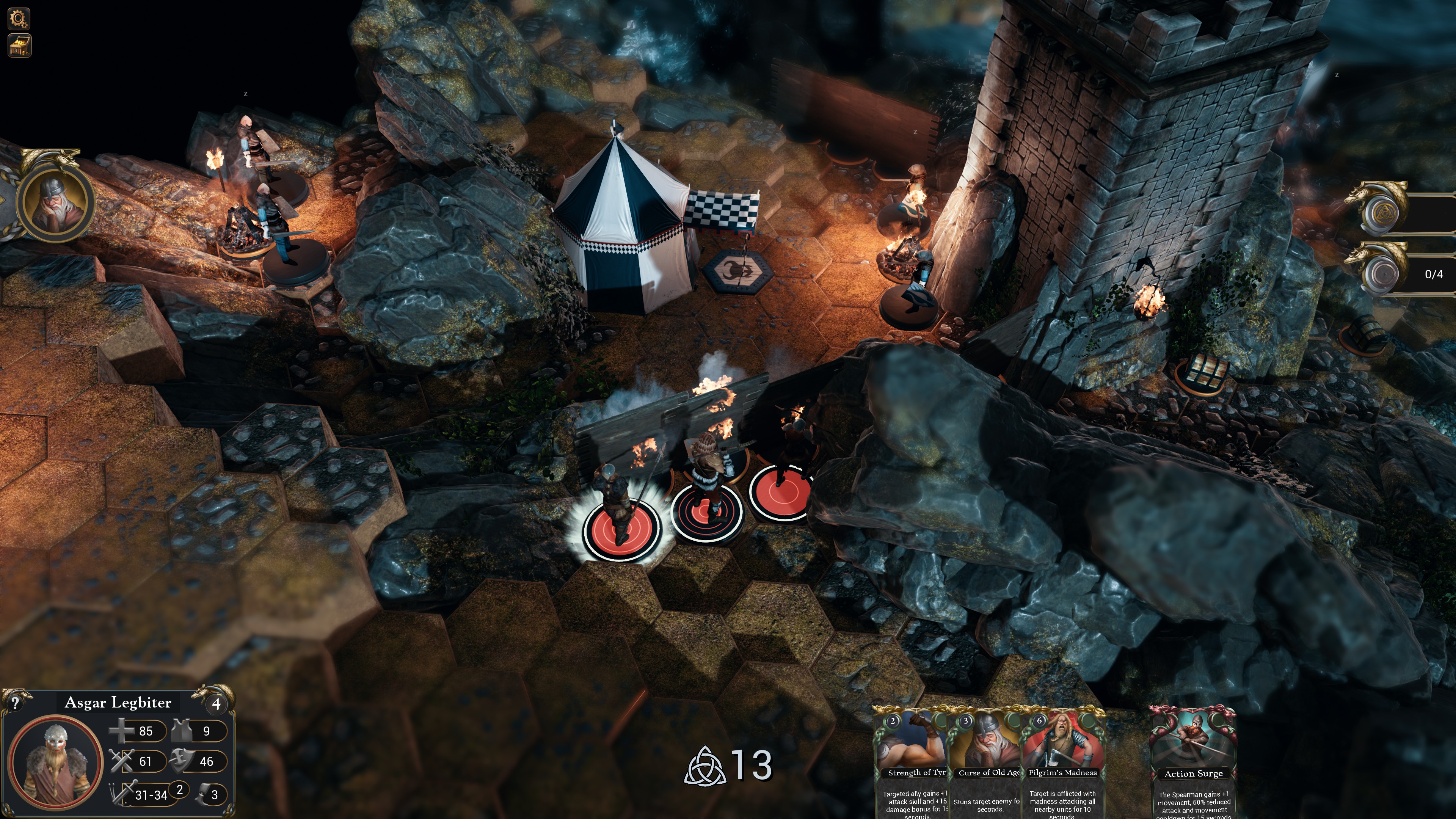 Three figurines waiting behind a burning wall at the back of an enemy camp at night