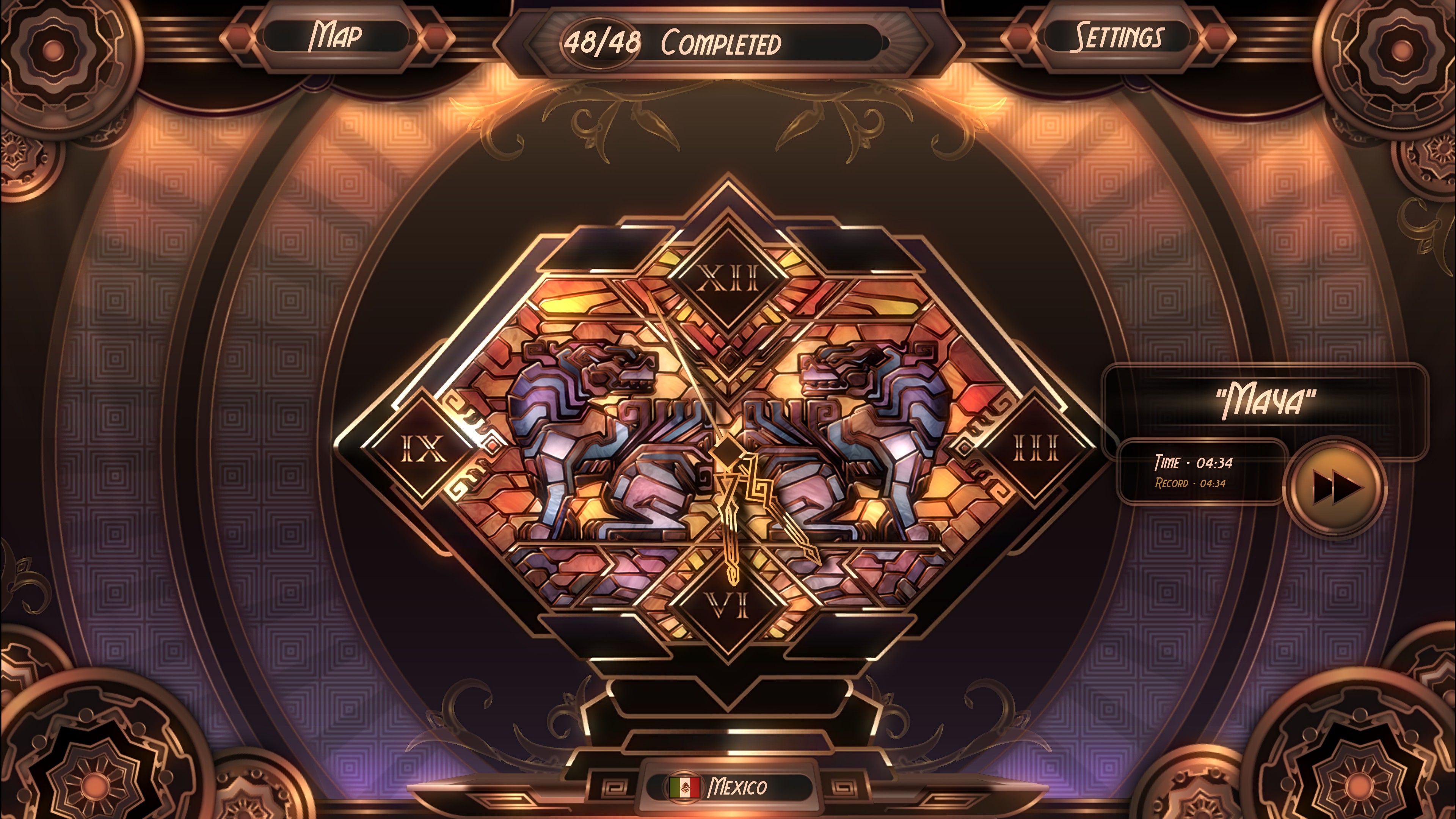 A completed puzzle called Maya for the country of Mexico. It features two tigers looking back at each other drawn with very angular lines.