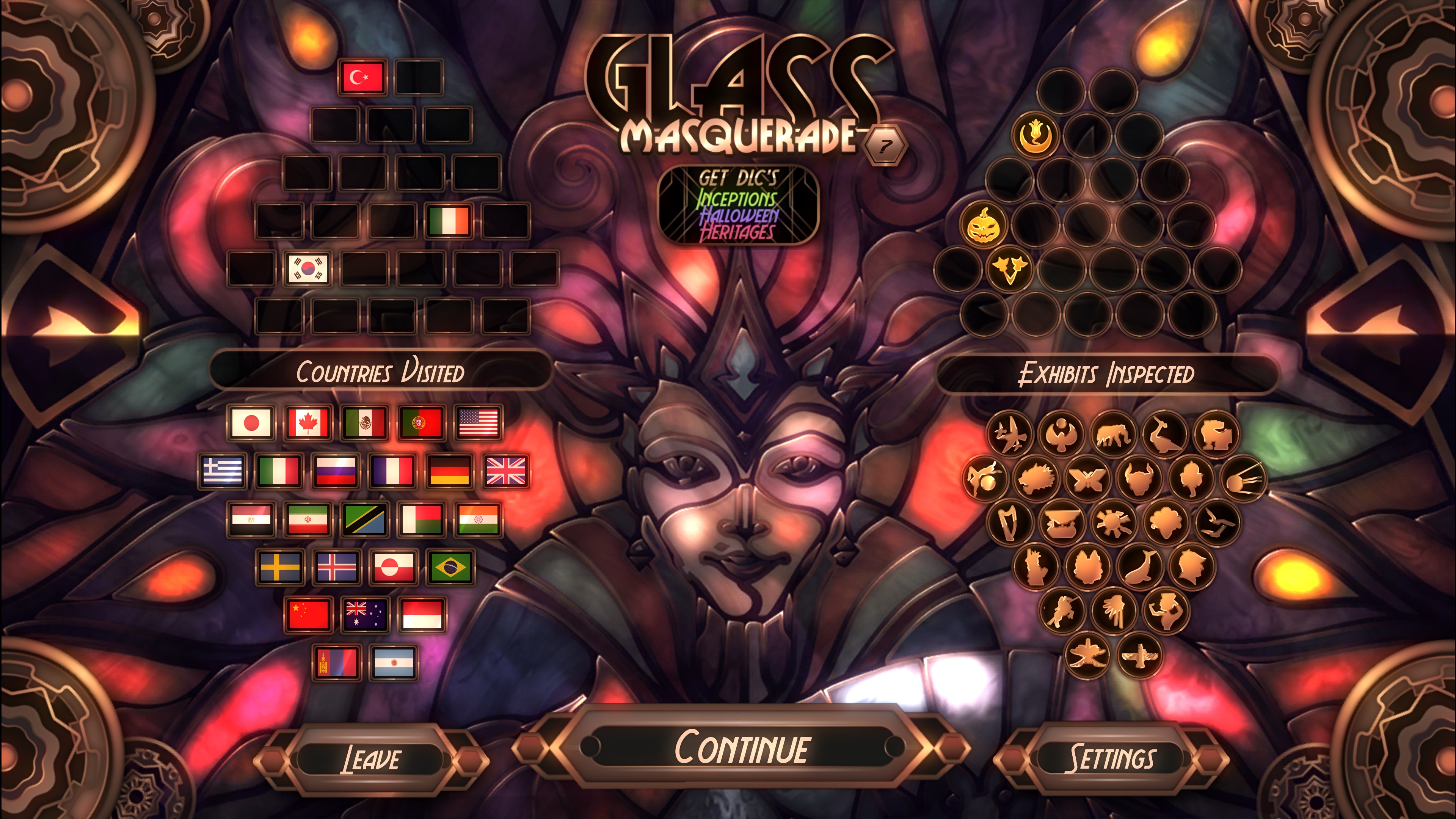 Grid of completed flags and icons with 22 empty spaces left on each side.