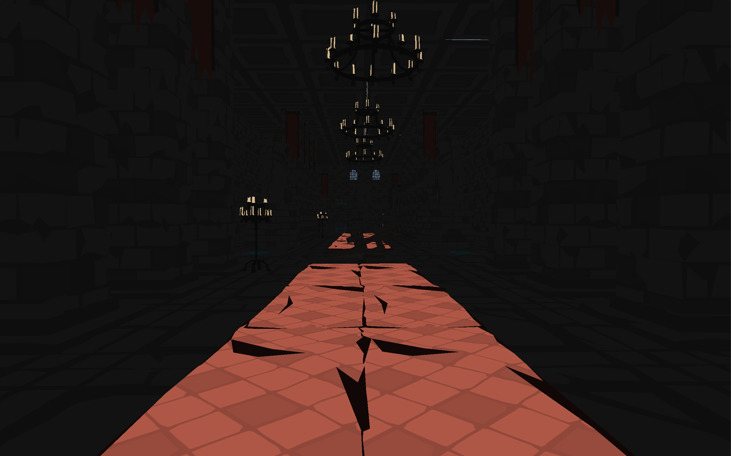 A long impressive stone entryway lined with candelabras on floor and ceiling