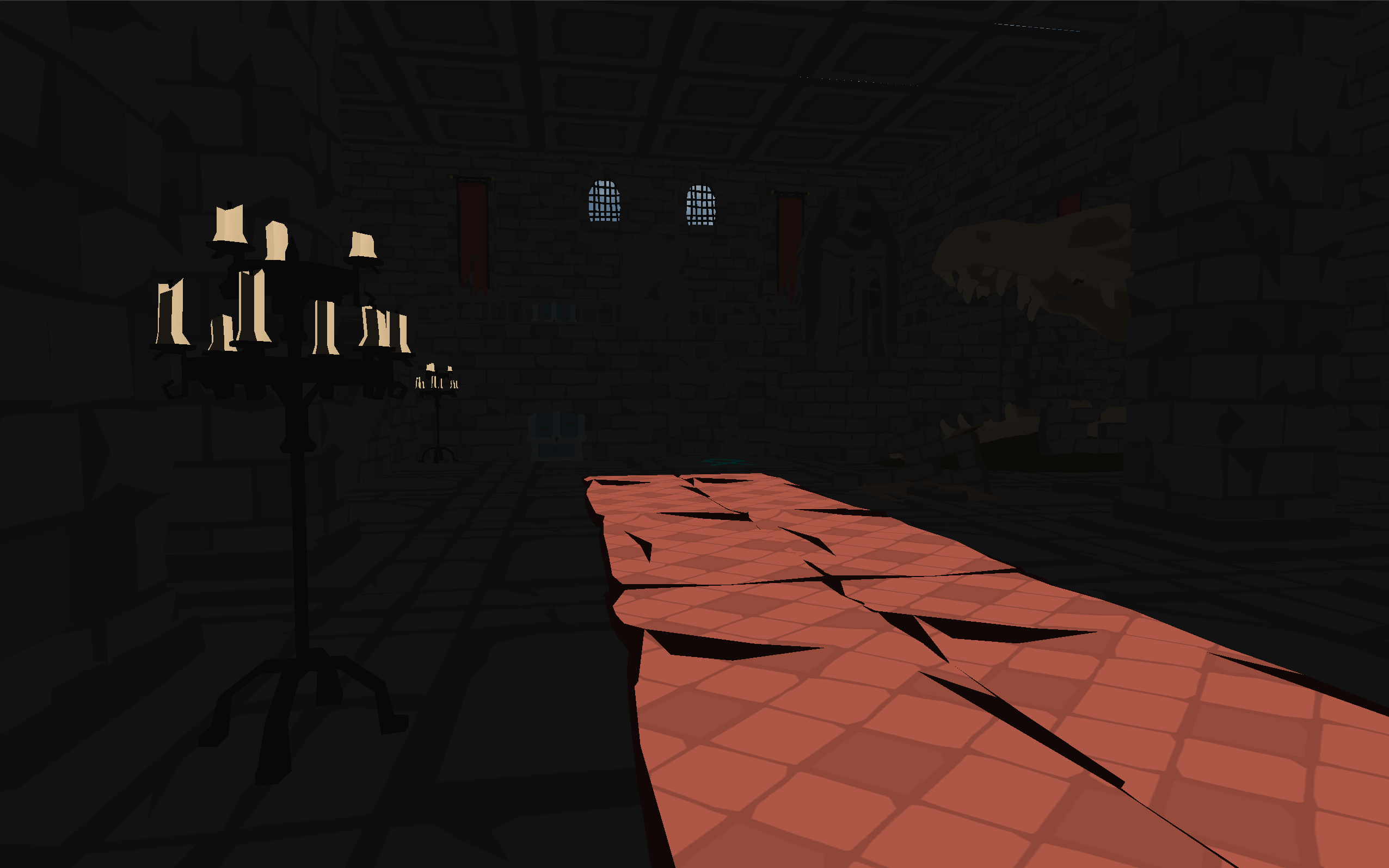 Unlit candelabra by a long rug in a stone brick hall. A large dragon skull gaps through the wall.