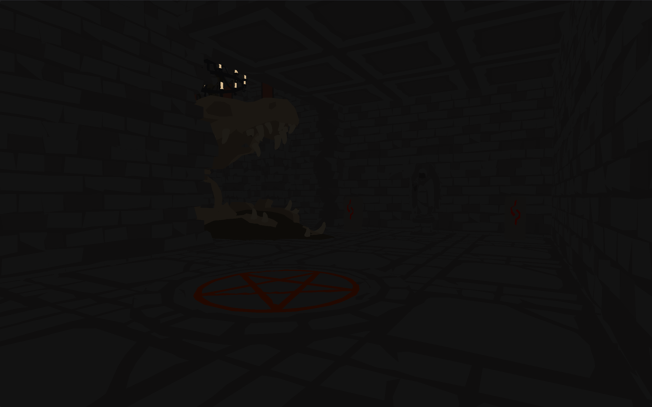 A red star on the ground points toward a hooded statue with a scythe. Another large drag skull protrudes through the wall.