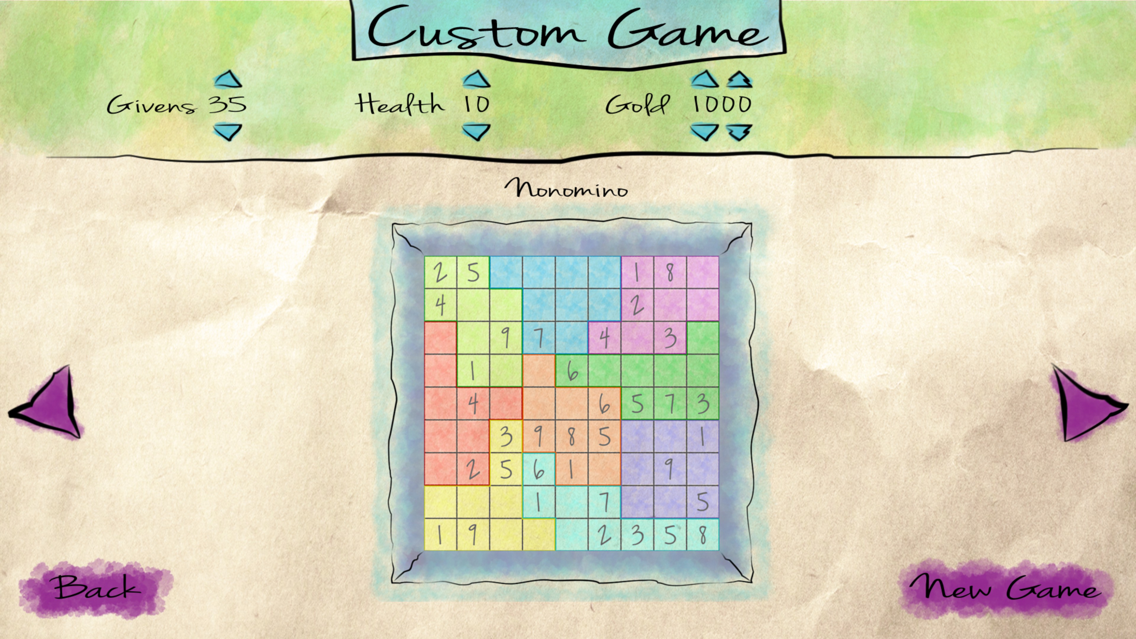 Custom game generation settings, including hearts for mistakes, givens for difficulty, and gold for power-ups.
