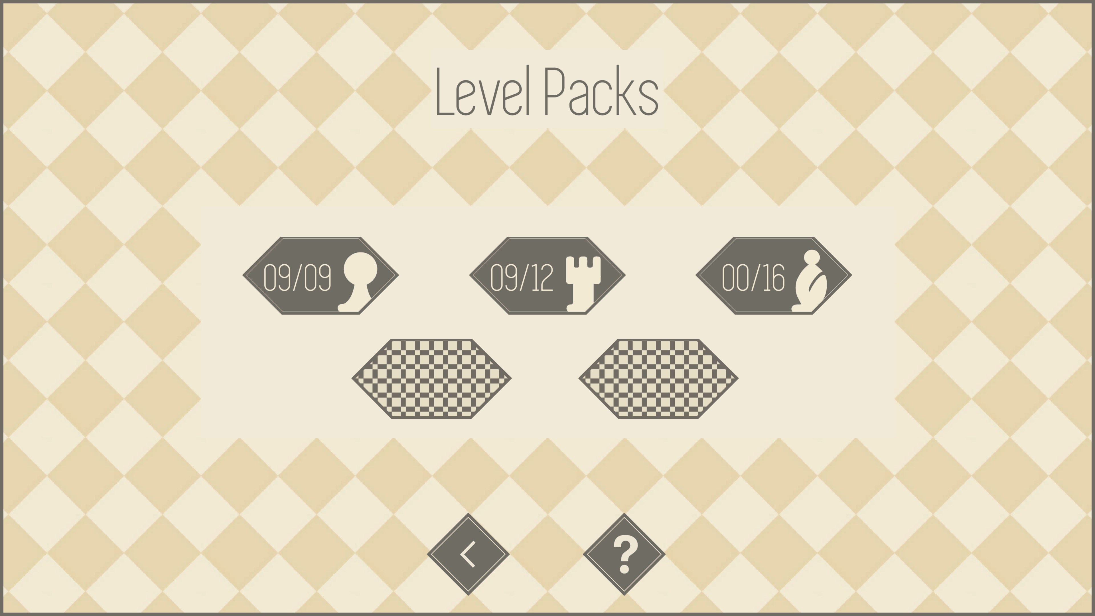 3 of 5 level packs revealed. Pack so far include pawn, rook, and bishop with 9, 12, and 16 levels respectively.
