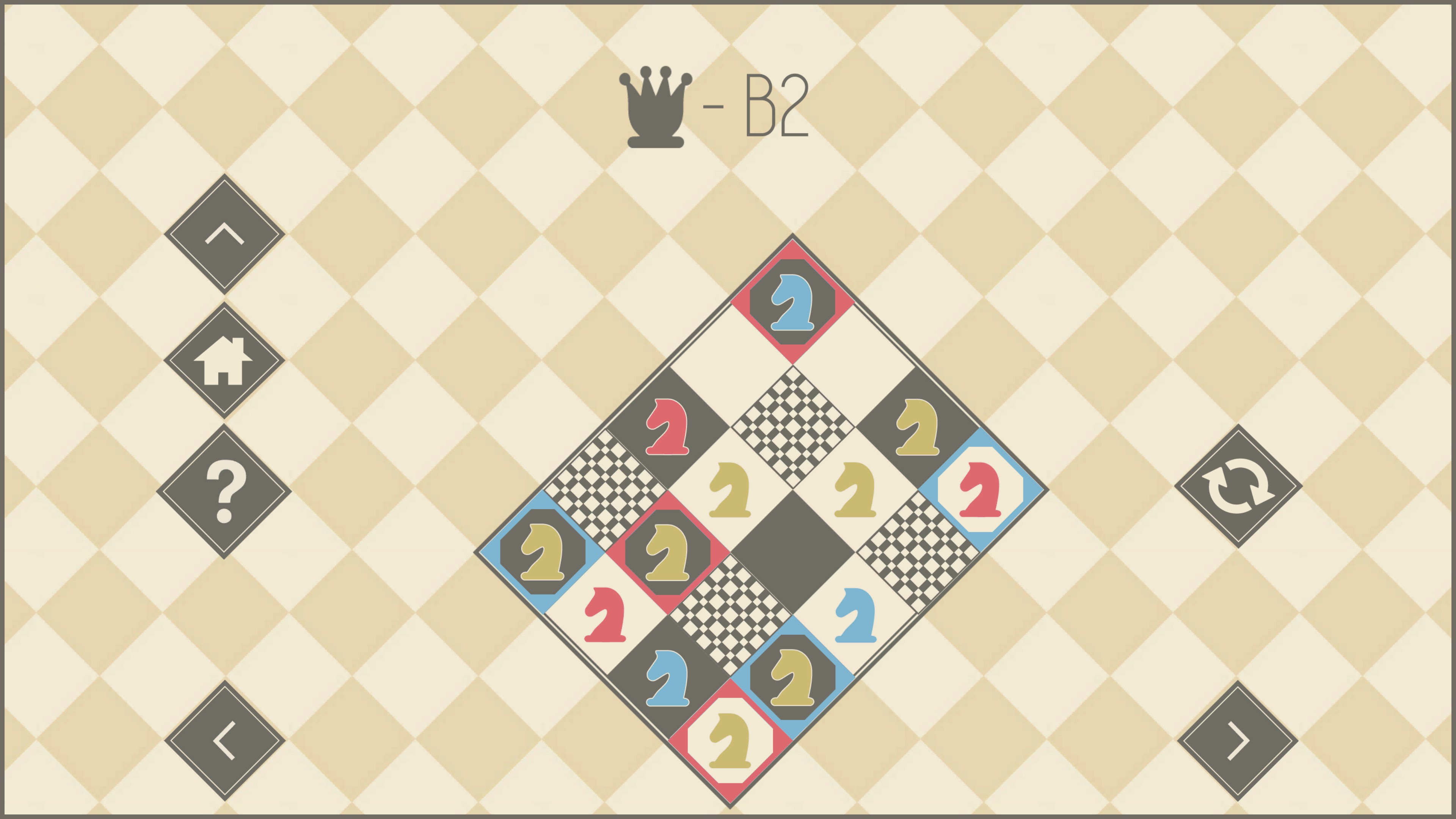 Queen Pack, level B2, 3 blue knights, 3 red knights, 7 yellow knights, 4 inaccessible squares