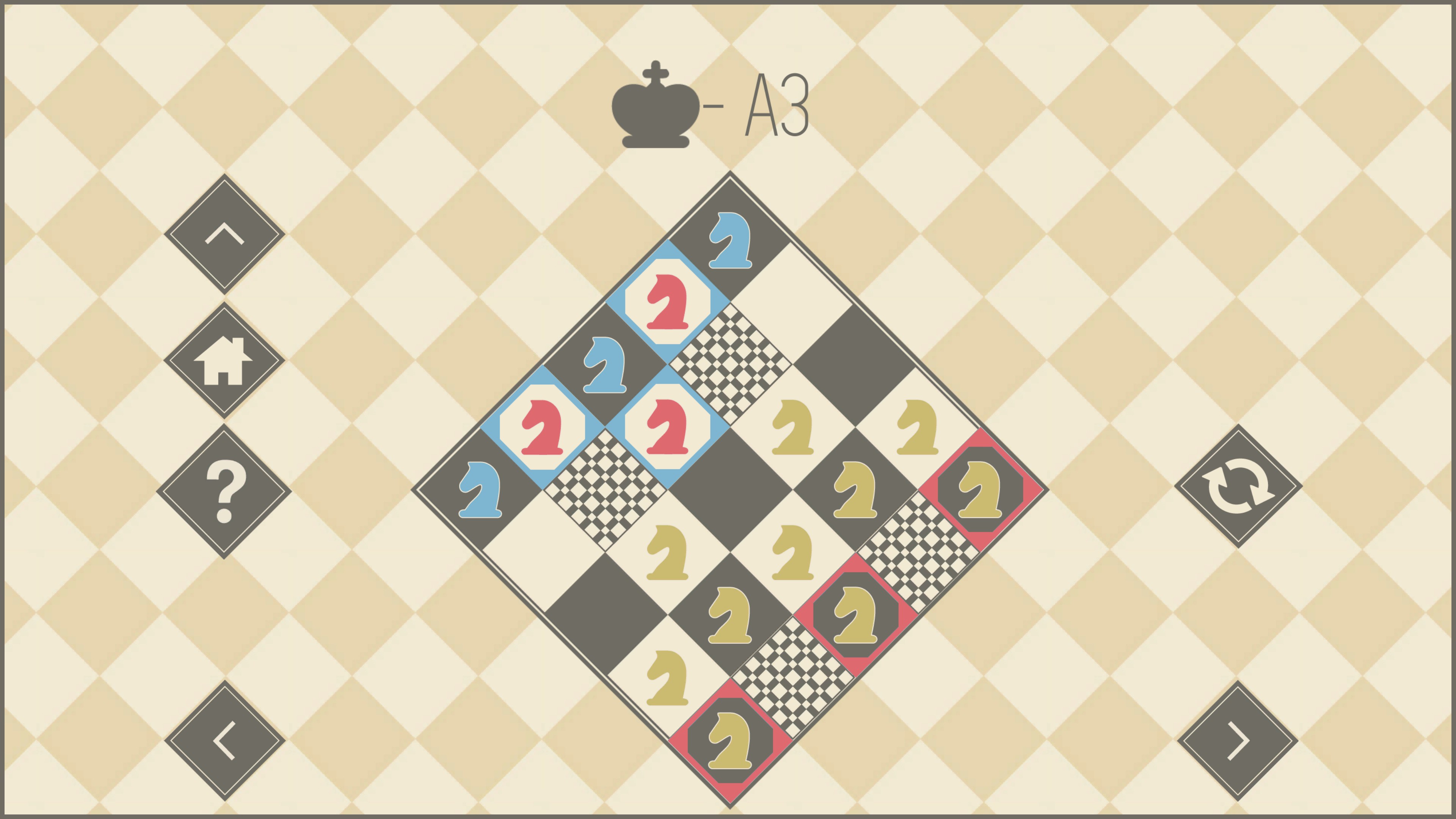 King Pack, Level A3, 3 blue knights, 3 red knights, 10 yellow knights, 4 inaccessible squares.