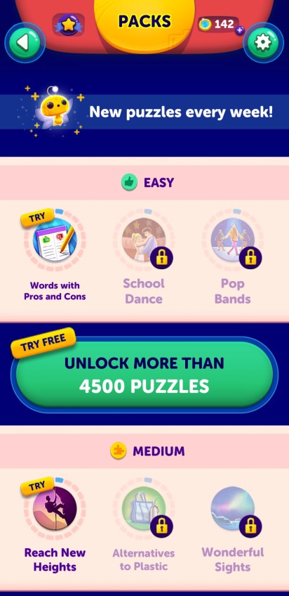 Packs, try free, new puzzles every week, unlock more than 4500 puzzles