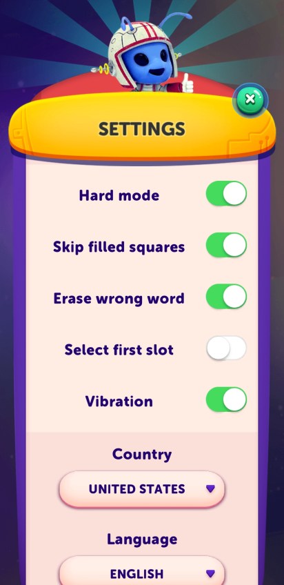 Settings including hard mode, skip filled squares, erase wrong word, select first slot, vibration, country, and language.