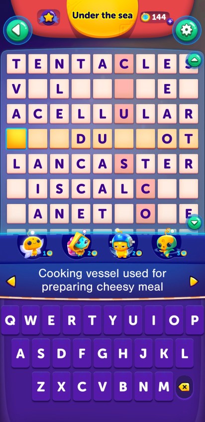 Current clue is cooking vessel used for preparing cheesy meal, 9 letters. Other filled in answers include tentacle, acellular, and Lancaster.