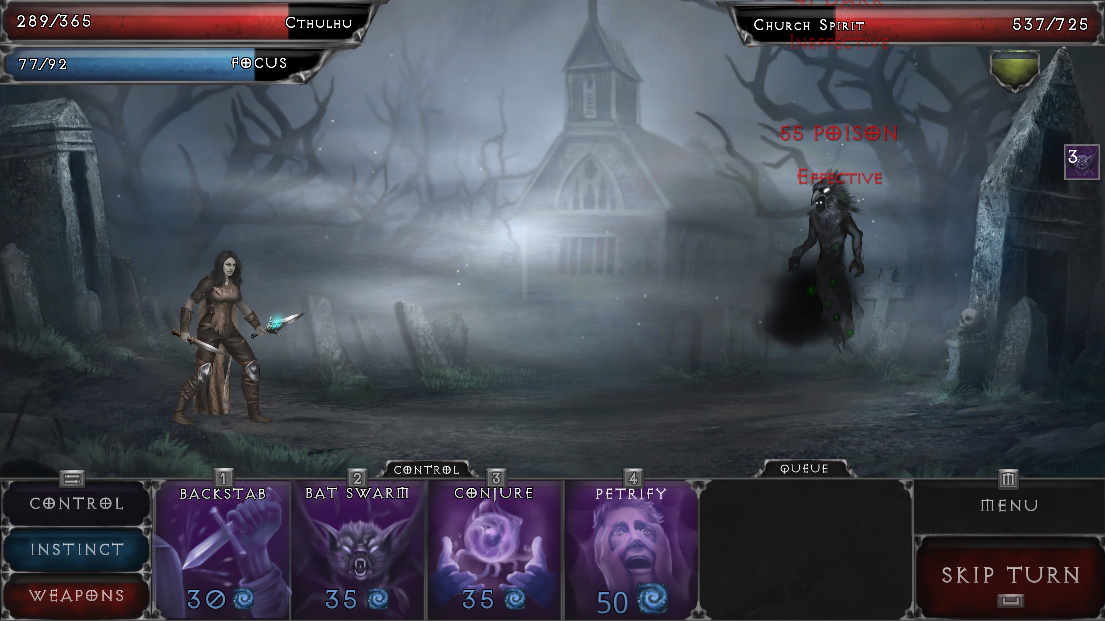 Vampire's Fall Origins. Combat verse a church spirit. Control based abilities are listed as backstab, bat swarm, conjure, and petrify.