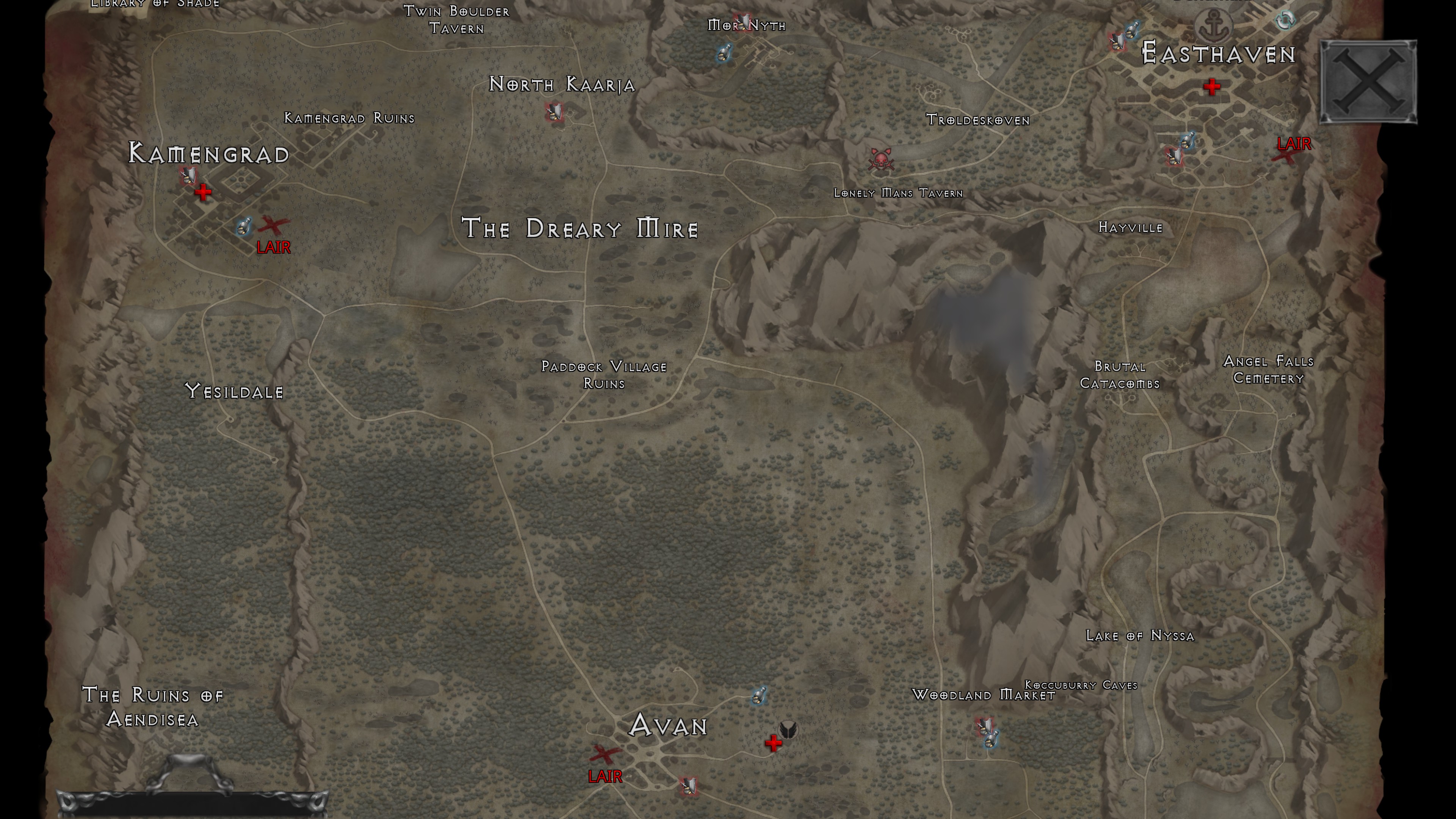 Vampire's Fall Origins. Terrain map of covering a number of labeled cities, including Avan, Kamengrad, and Easthaven.