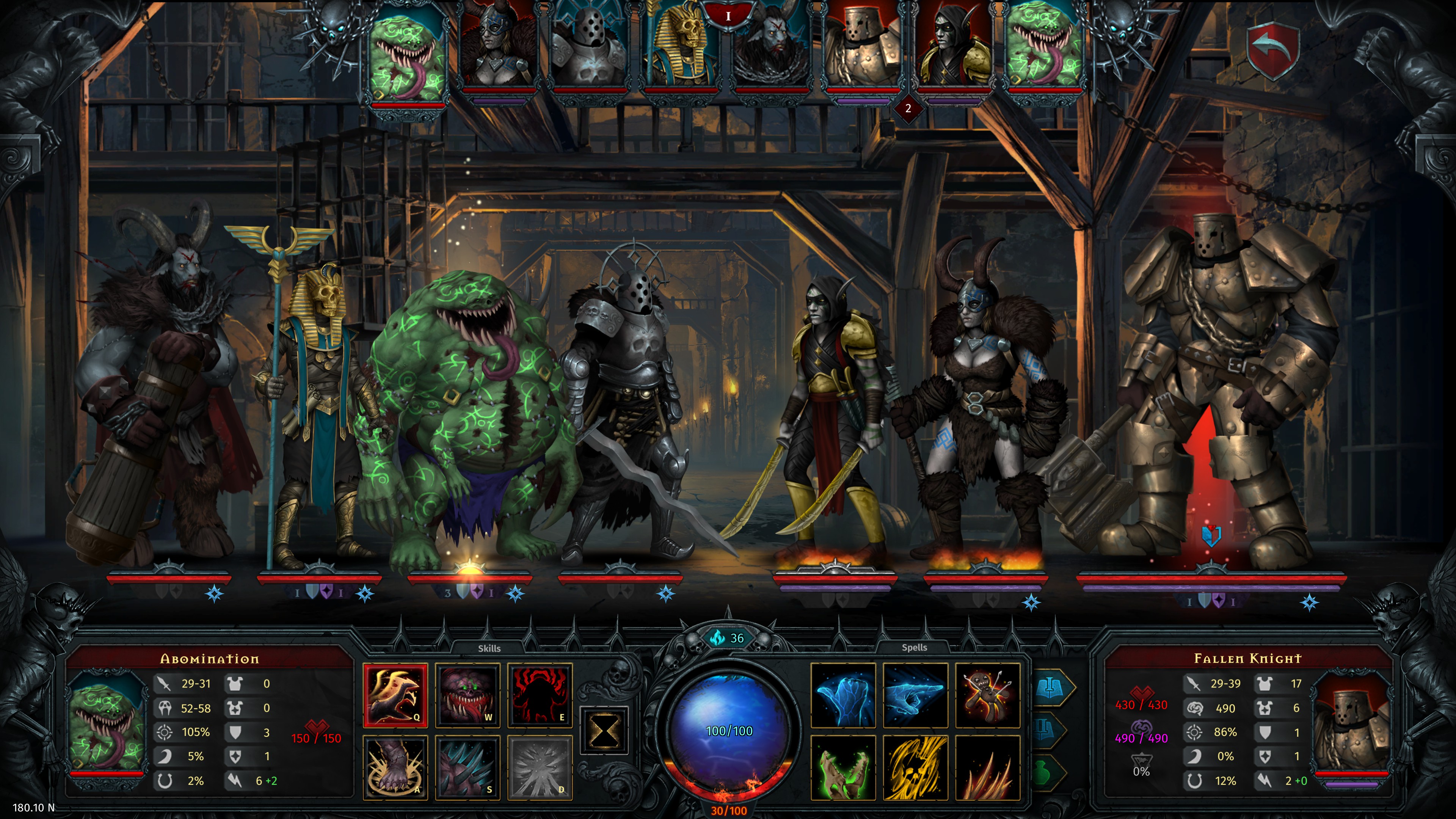 Iratus Wrath of the Necromancer DLC. Zombie, mummy, abomination, and dark knight in their new skins in combat against an elven ranger, barbarian, and the new fallen knight enemy.