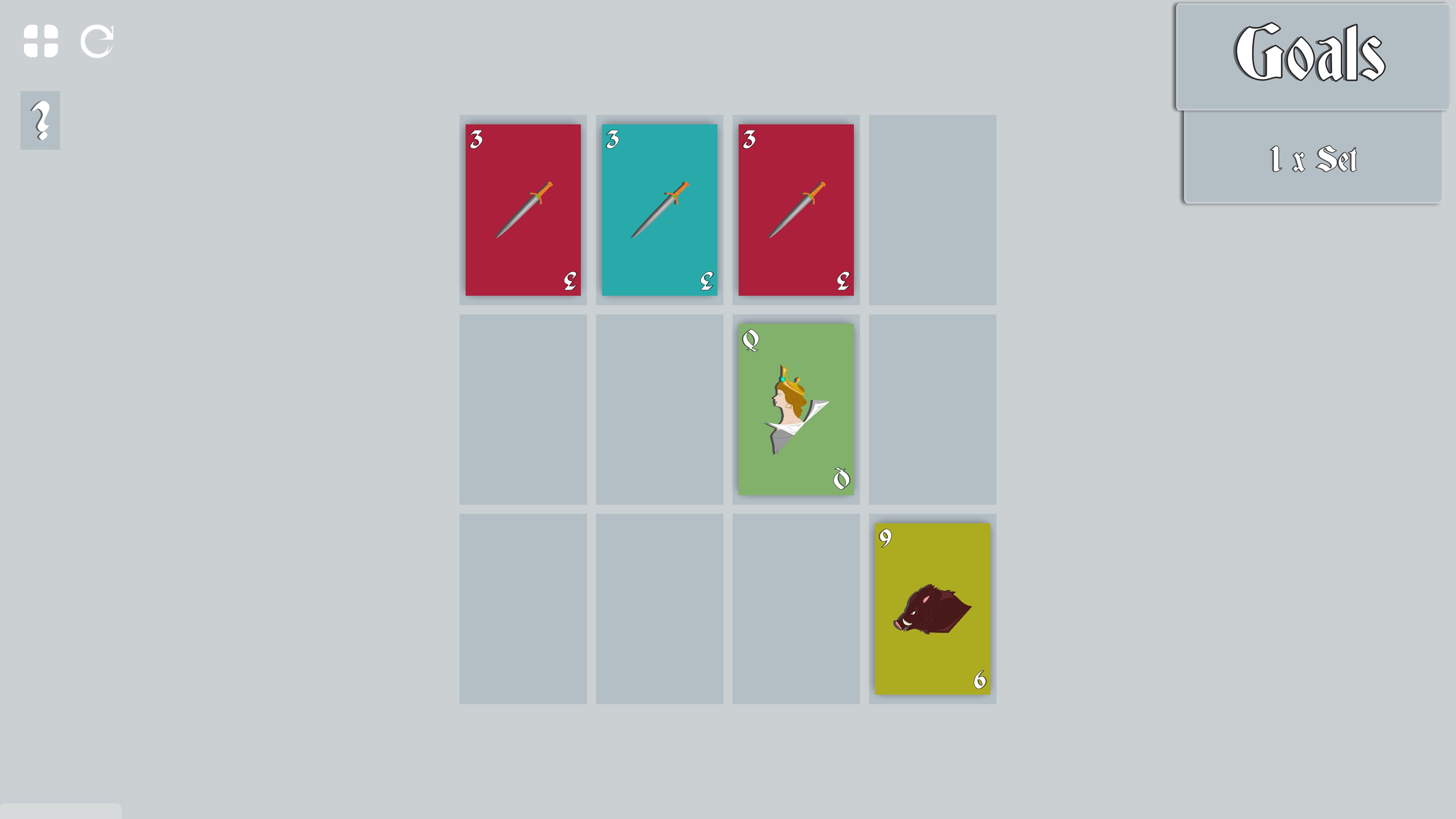 Poker Hands. 3 by 4 grid with 3 threes, a queen, and a 9. The goal is to create a 5 card hand with one set.