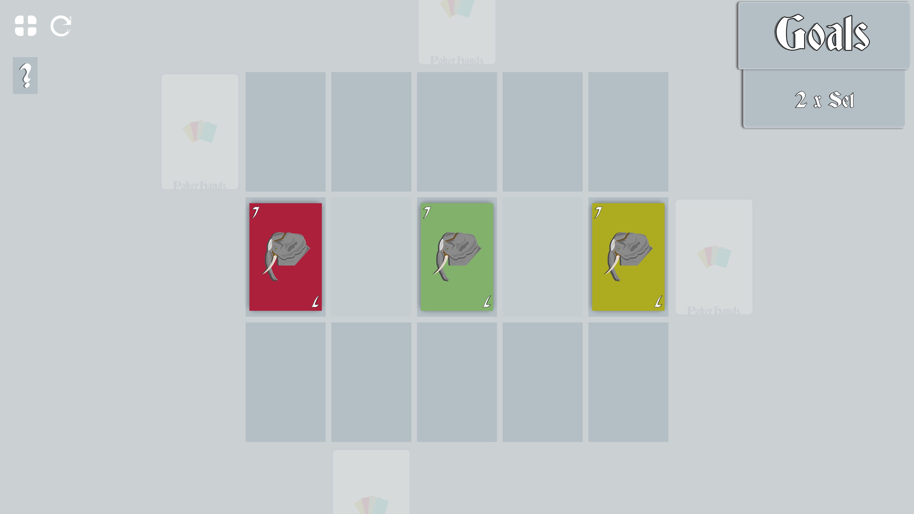 Poker Hands. A 5 by 3 grid with 2 blocked squares offset from the middle. 3 sevens are lined up along the middle row. The goal is to create 2 sets.