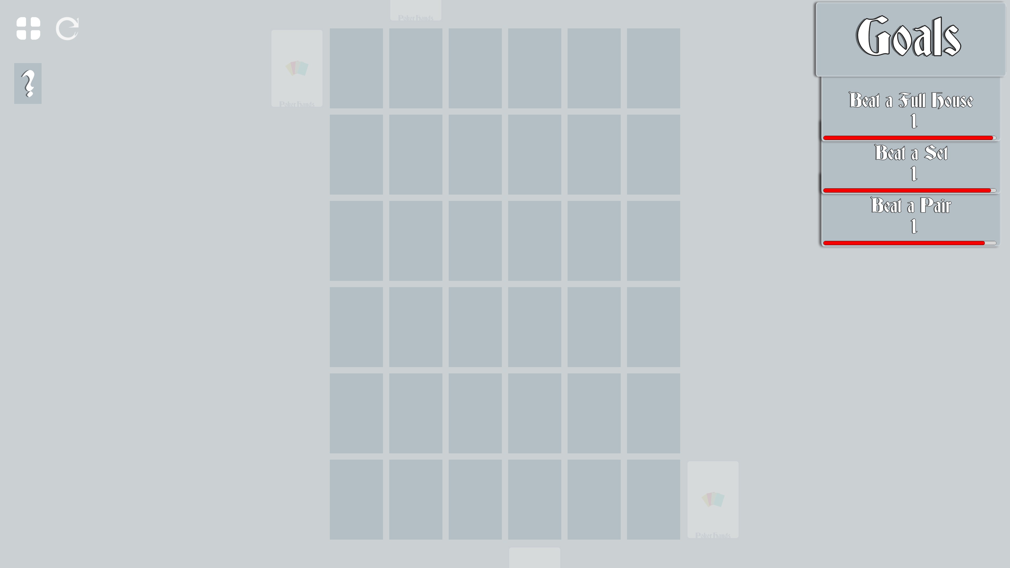 Poker Hands. An empty 6 by 6 grid with 3 timed goals: beat a full house, beat a set, and beat a pair.
