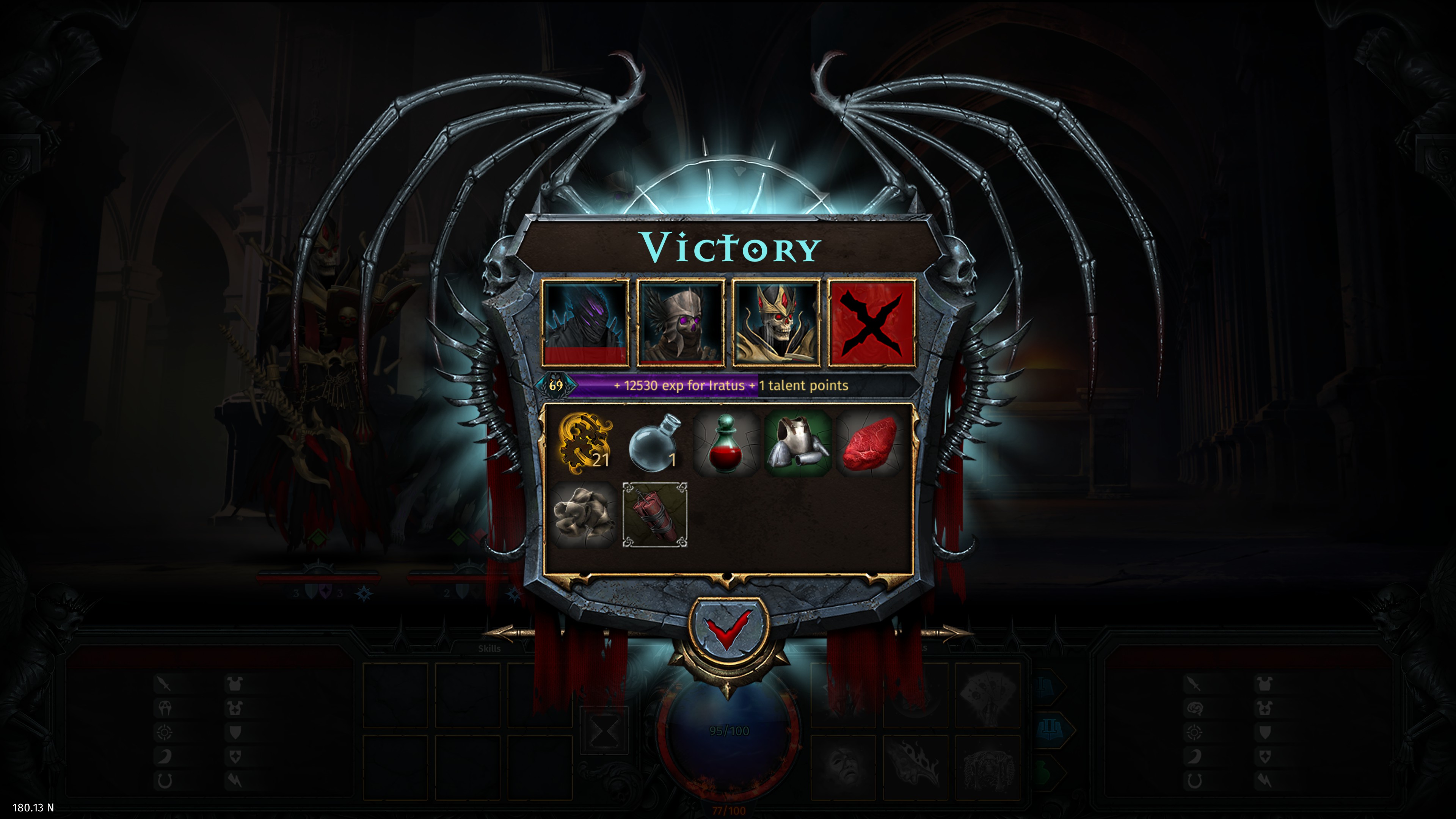 Iratus Wrath of the Necromancer DLC. Combat victory screen. Loot includes 21 digger souls, 2 flask, 4 minion parts, and a consumable artifact