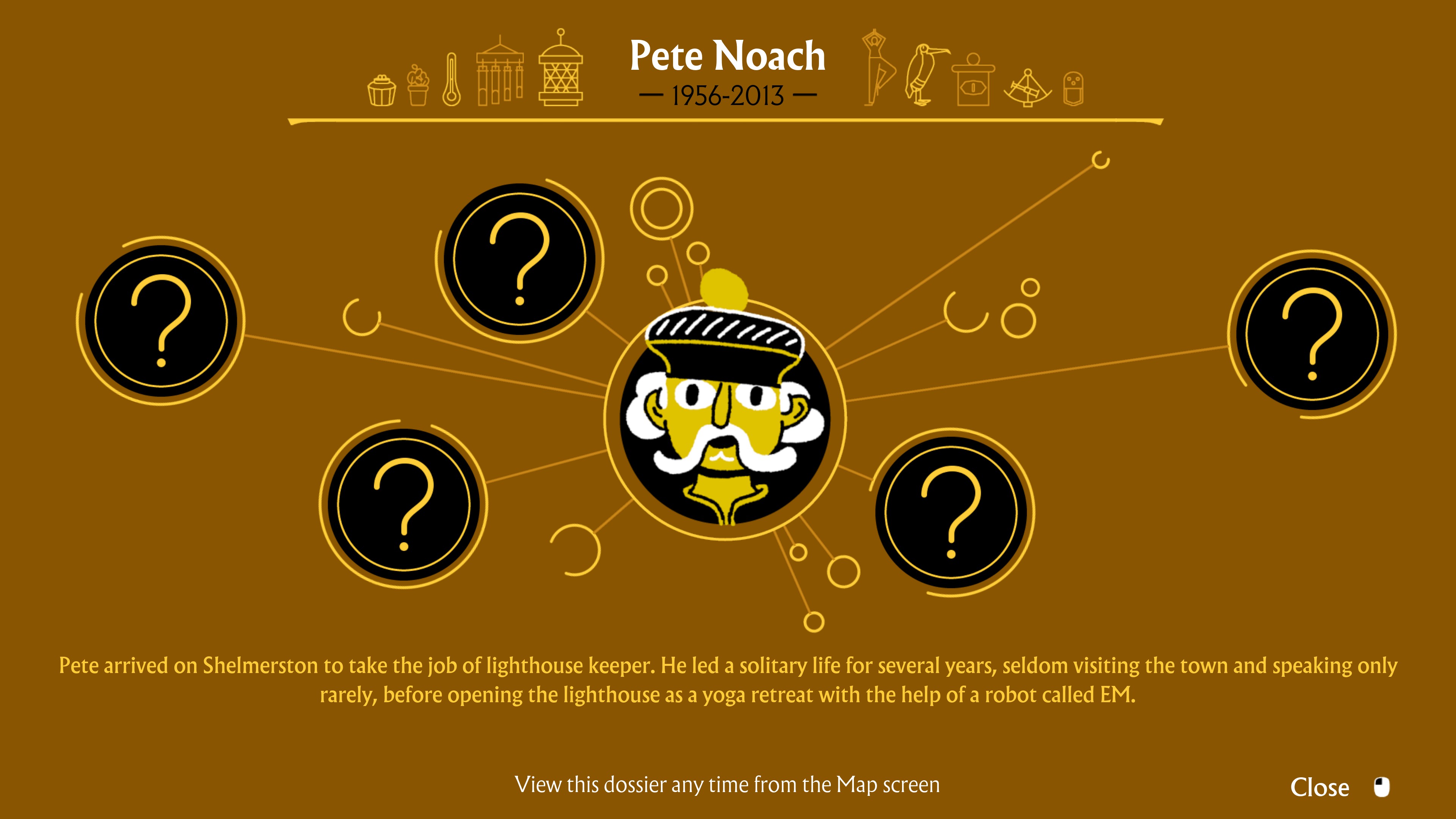 I Am Dead. Memories of Pete Noach 1956-2013. Pete arrived on Shelmerston to take the job of lighthouse keeper. He led a solitary life for several years, seldom visiting the town and speaking only rarely, before opening the lighthouse as a yoga retreat with the help of a robot called EM.