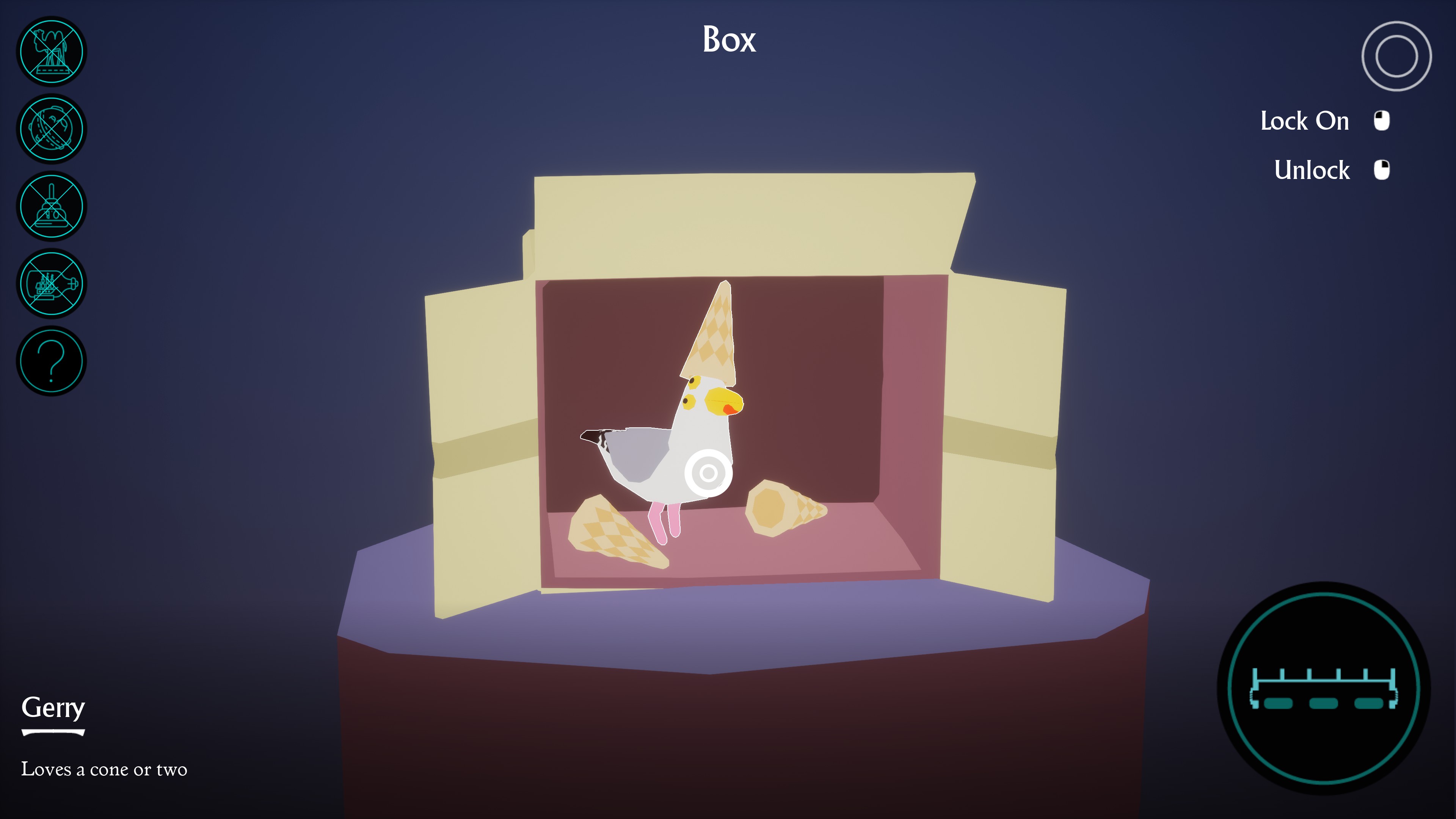 I Am Dead. A cardboard box containing a seagull and 3 ice cream cones. The seagull is wearing one of the cones as a hat. The text introduces the seagull as Gerry and says he loves a cone or two.