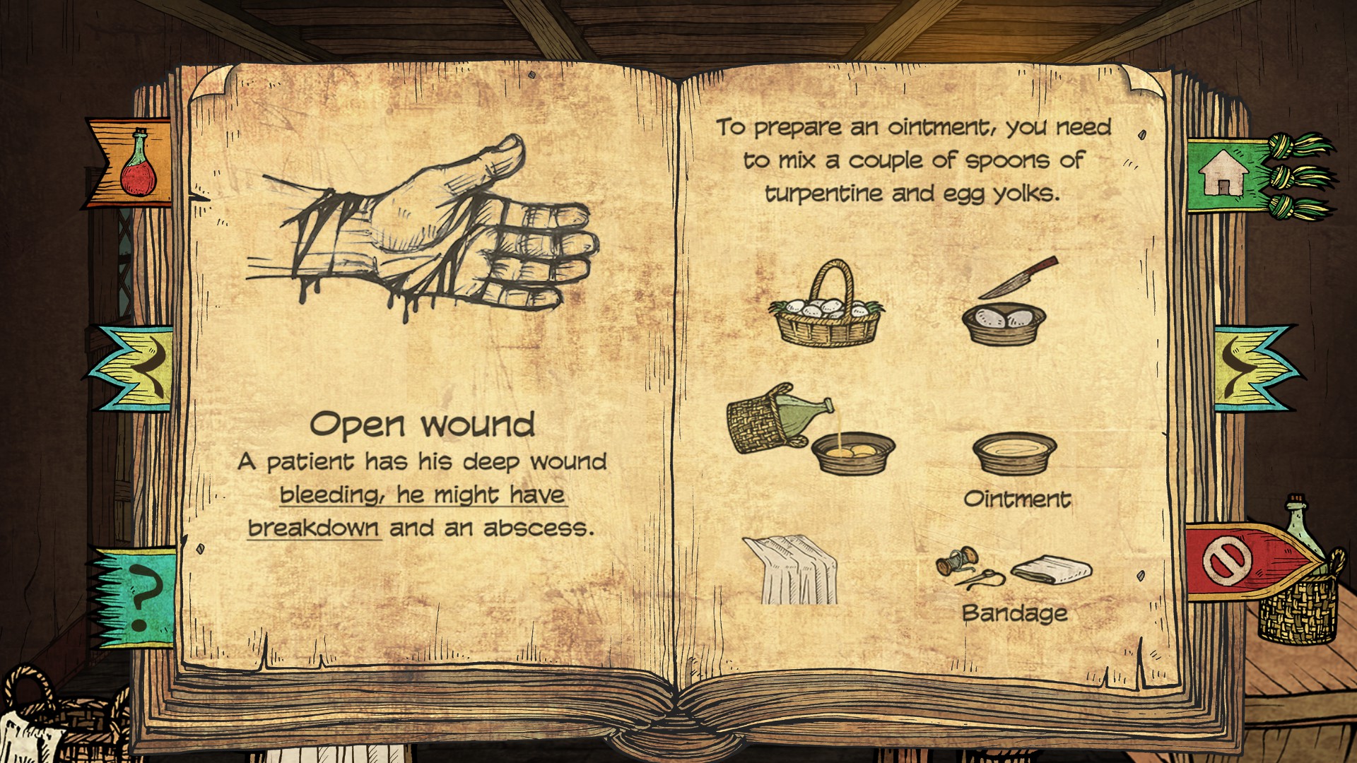 Plague M.D.. Instructions for curing an open wound using egg yolks, turpentine, sutures, and a cloth bandage.