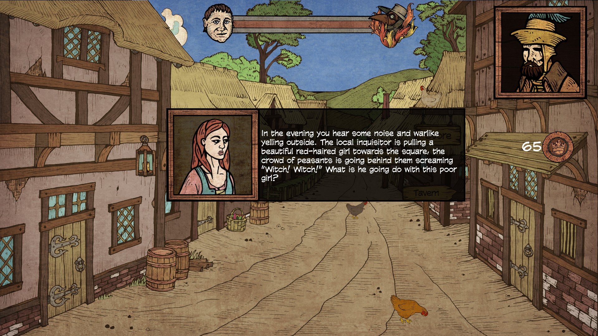 Plague M.D.. A random event when a beautiful red-haired girl is being pulled to the square amidst accusations of being a witch.