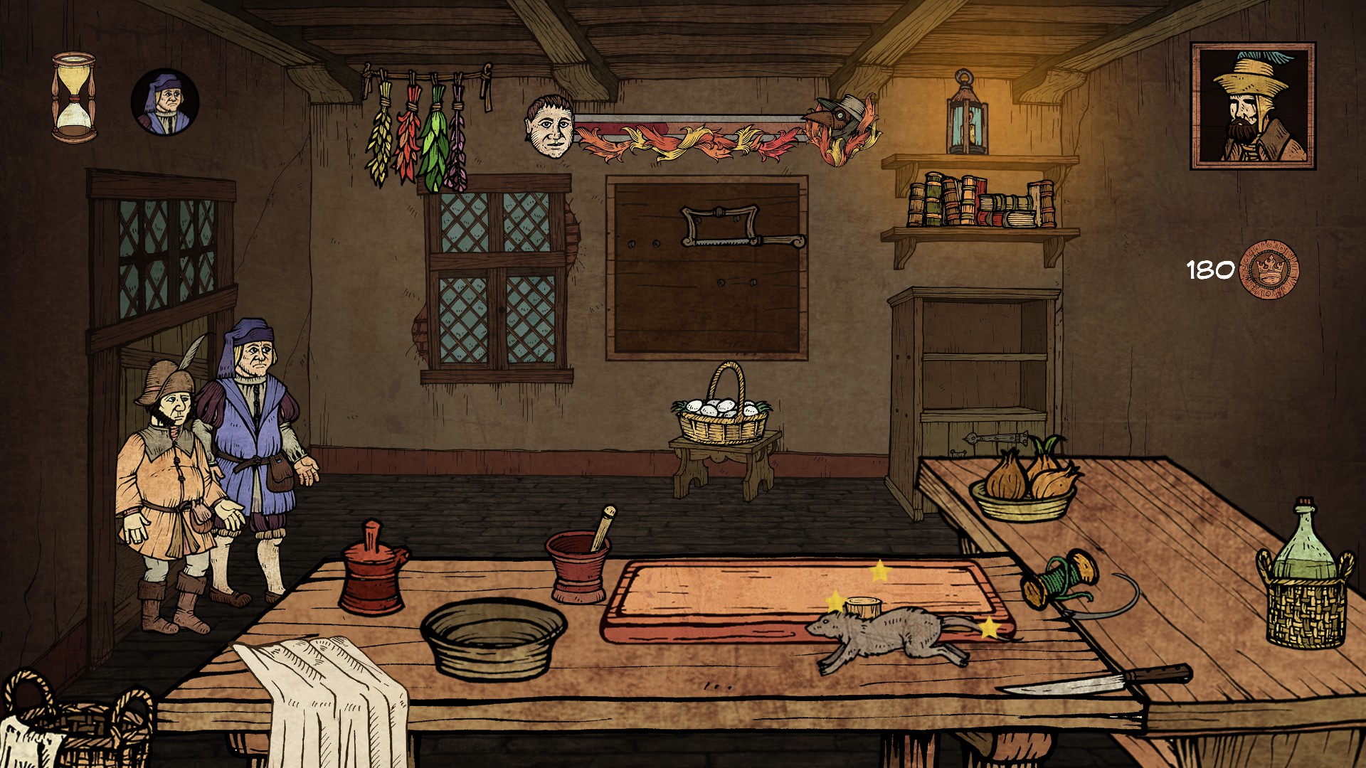 Plague M.D.. Smacking a rat on the table with a hammer as the village chief and a new patient walk in.