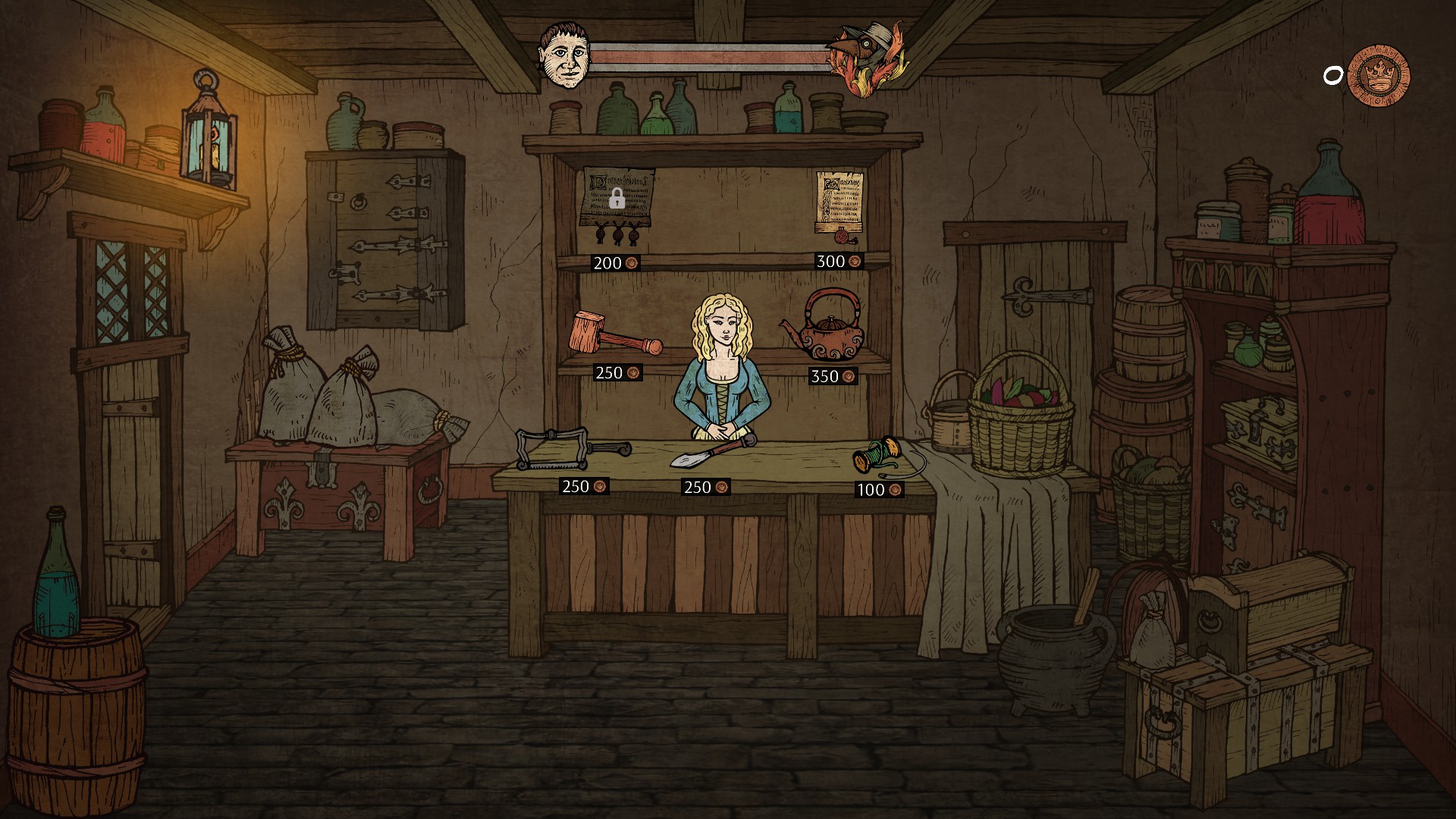 Plague M.D.. A small shop that offers needle and thread, scalpel, saw, teapot, hammer, and two official-looking scrolls.