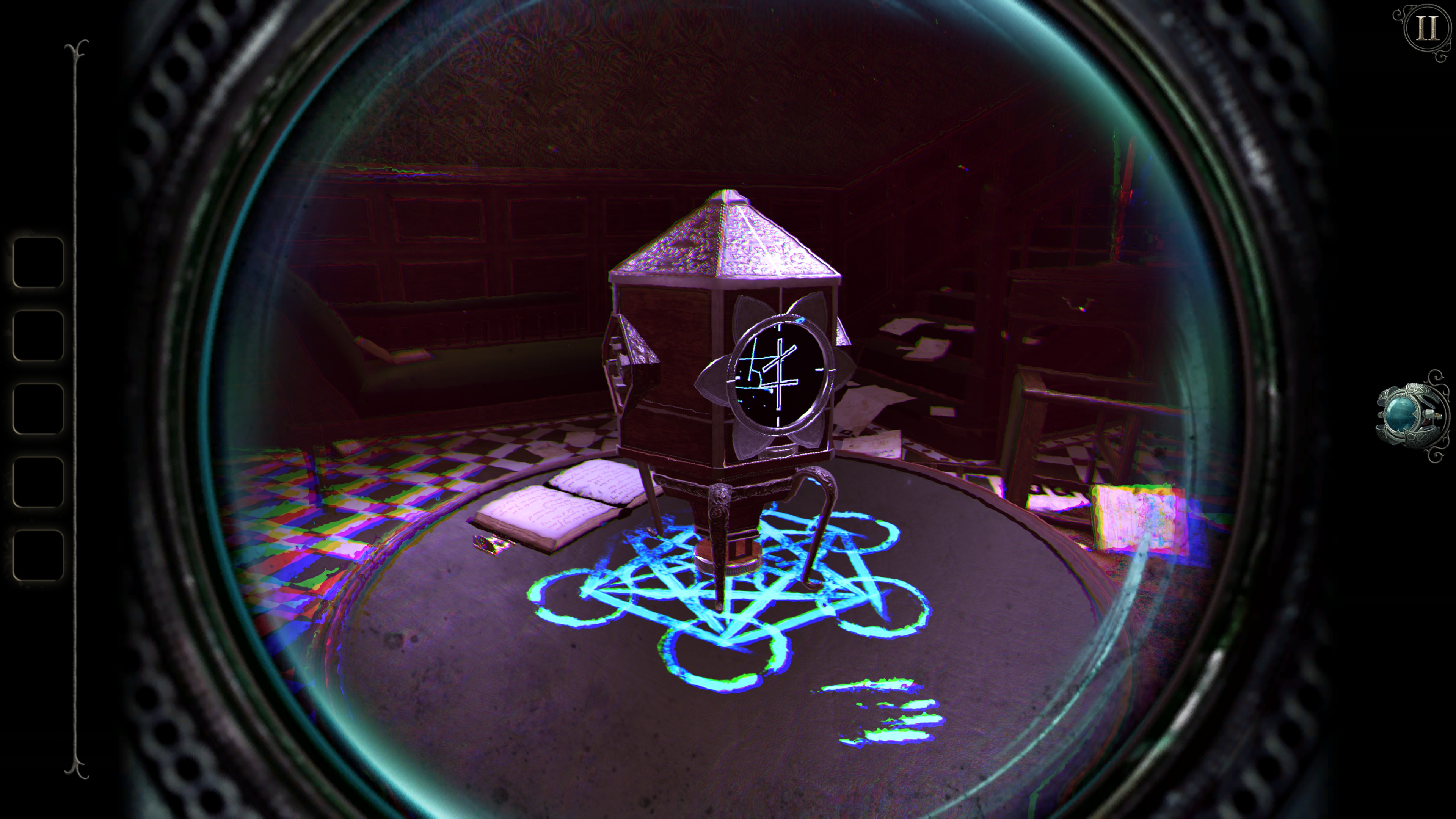 The Room 4 Old Sins. A view through a lens at a hexagonal box in the center of a small table. A glowing symbol is visible under it.