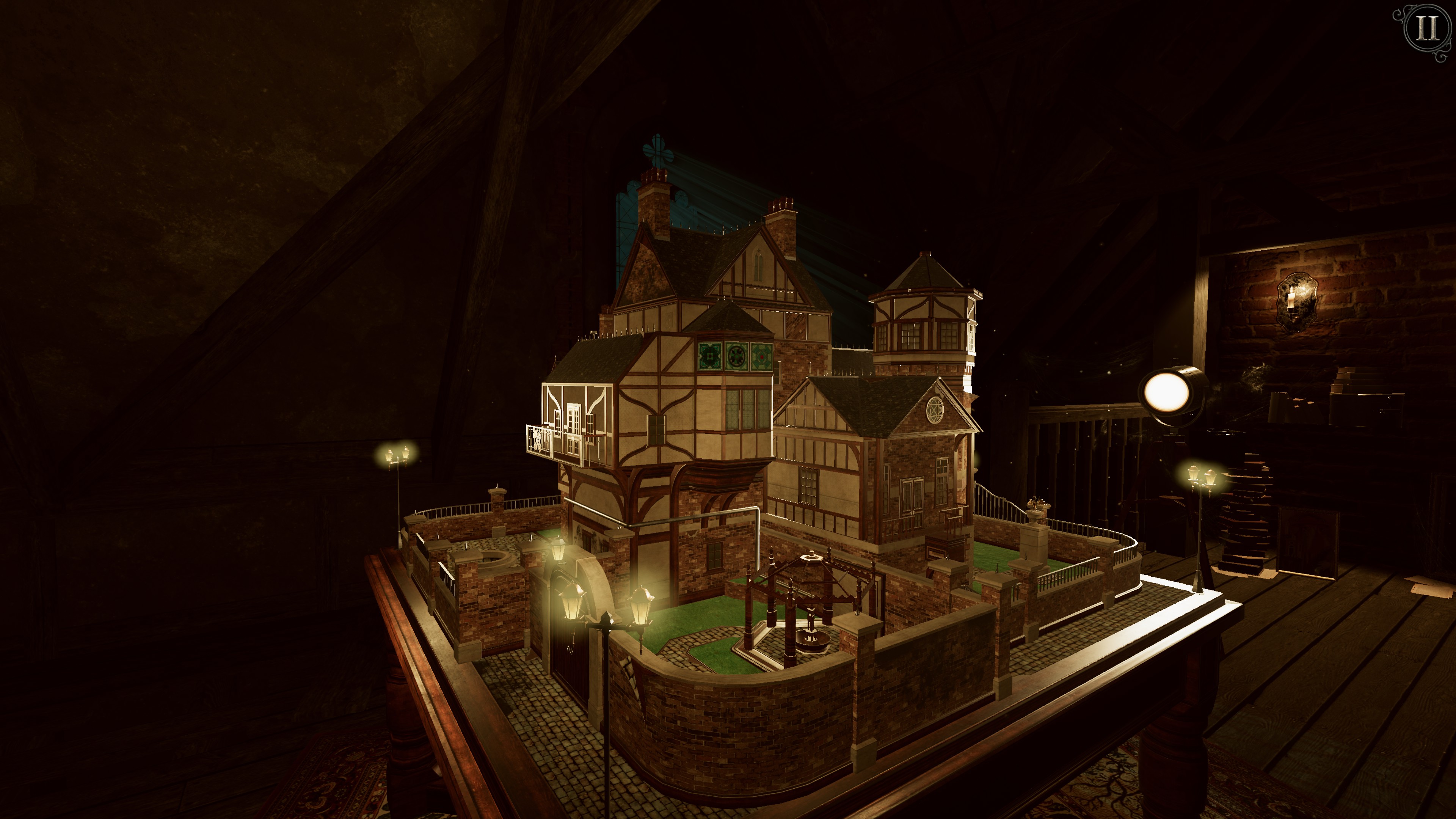 The Room 4 Old Sins. A large multistory victorian model mansion with working lights. It is focused with a spotlight and appears to be located in an attic.