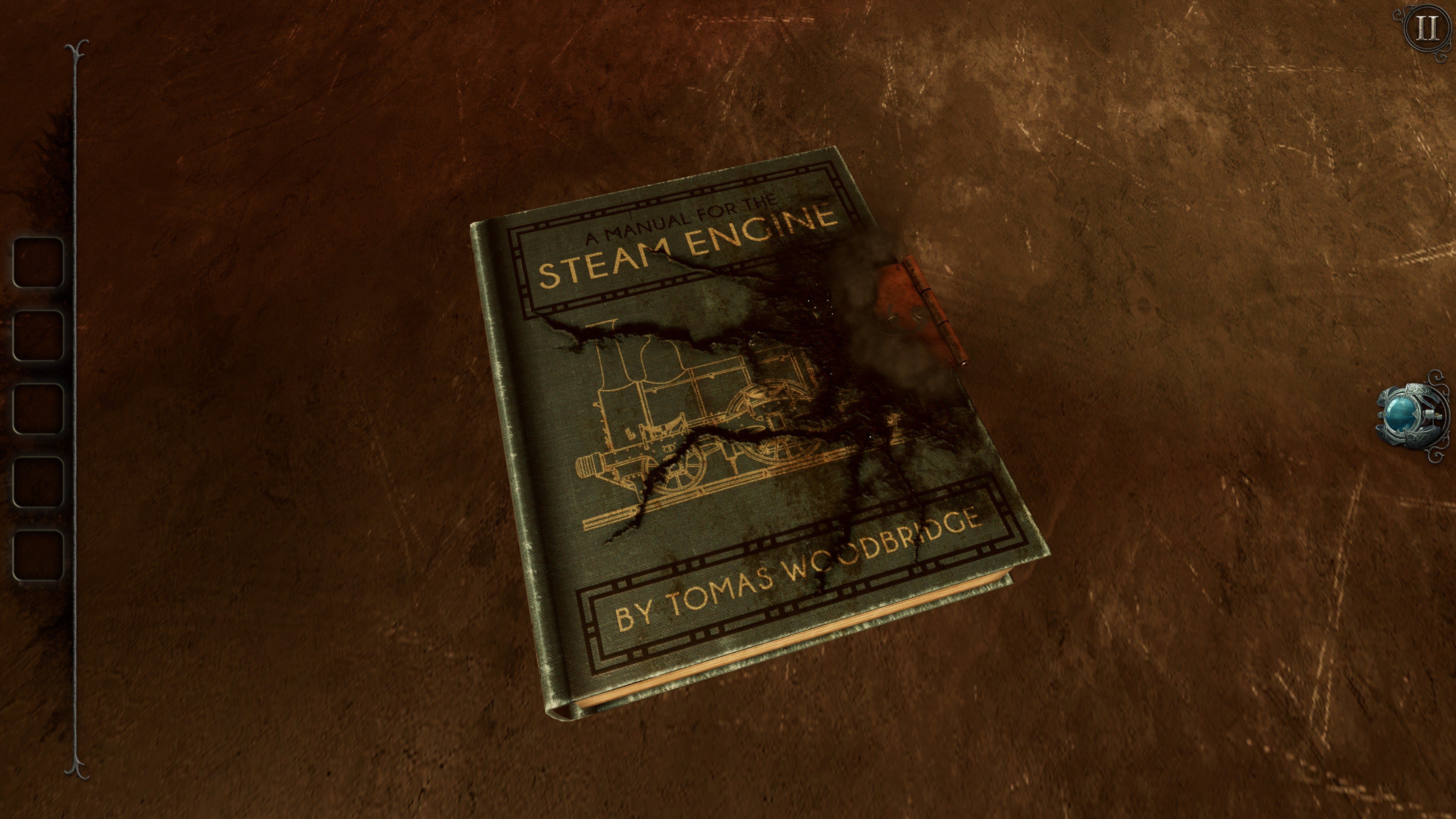 The Room 4 Old Sins. A book titled A Manual for the Steam Engine by Tomas Woodbridge. The book is latched shut, but appears brunt and steaming around under the lock.