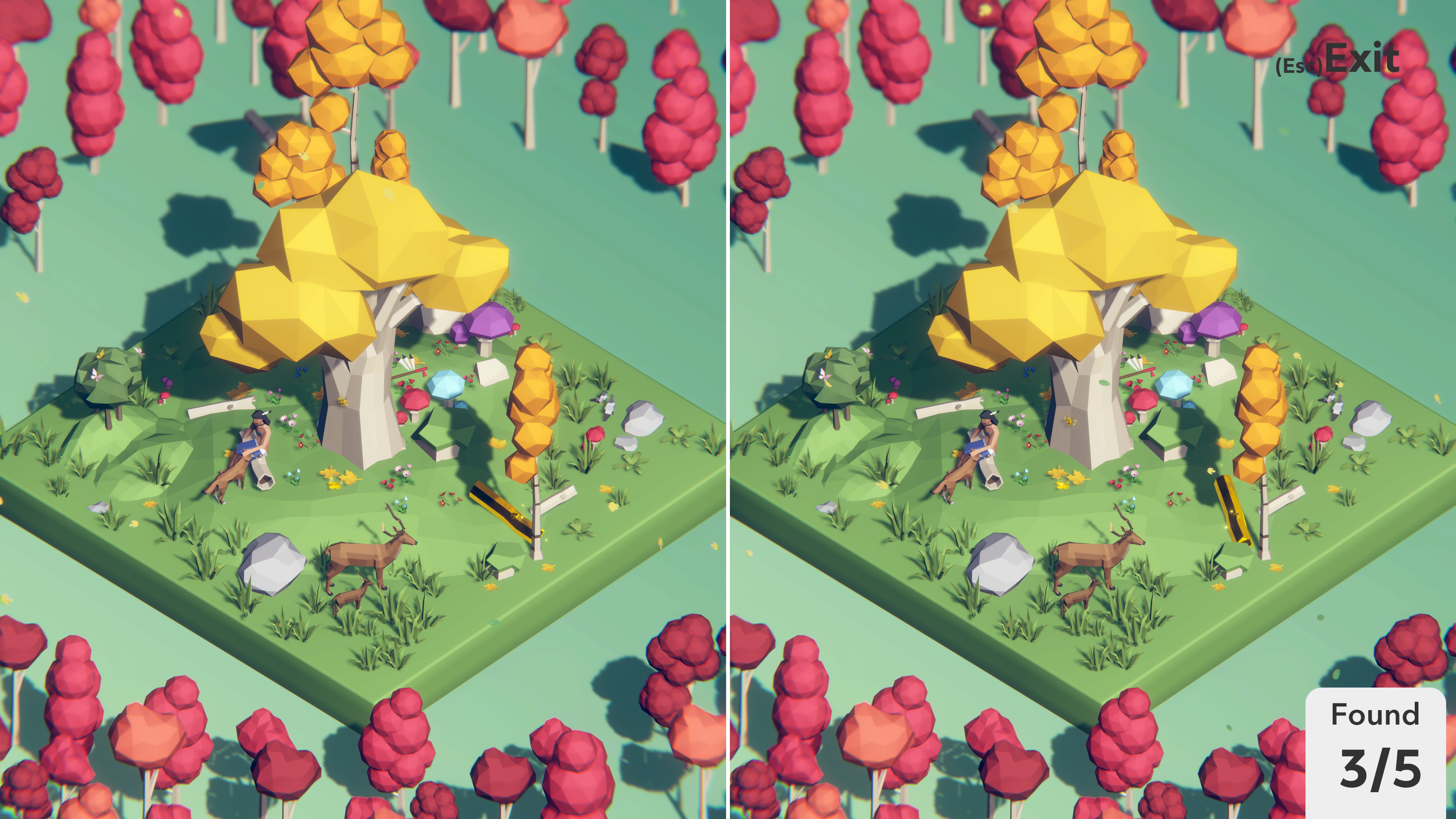 Tiny Lands. Person number a tree petting a dog. A father and baby deer are nearby. The trees are colored for fall and bright mushrooms are beneath the largest tree. 3 out of 5 differences have been found.