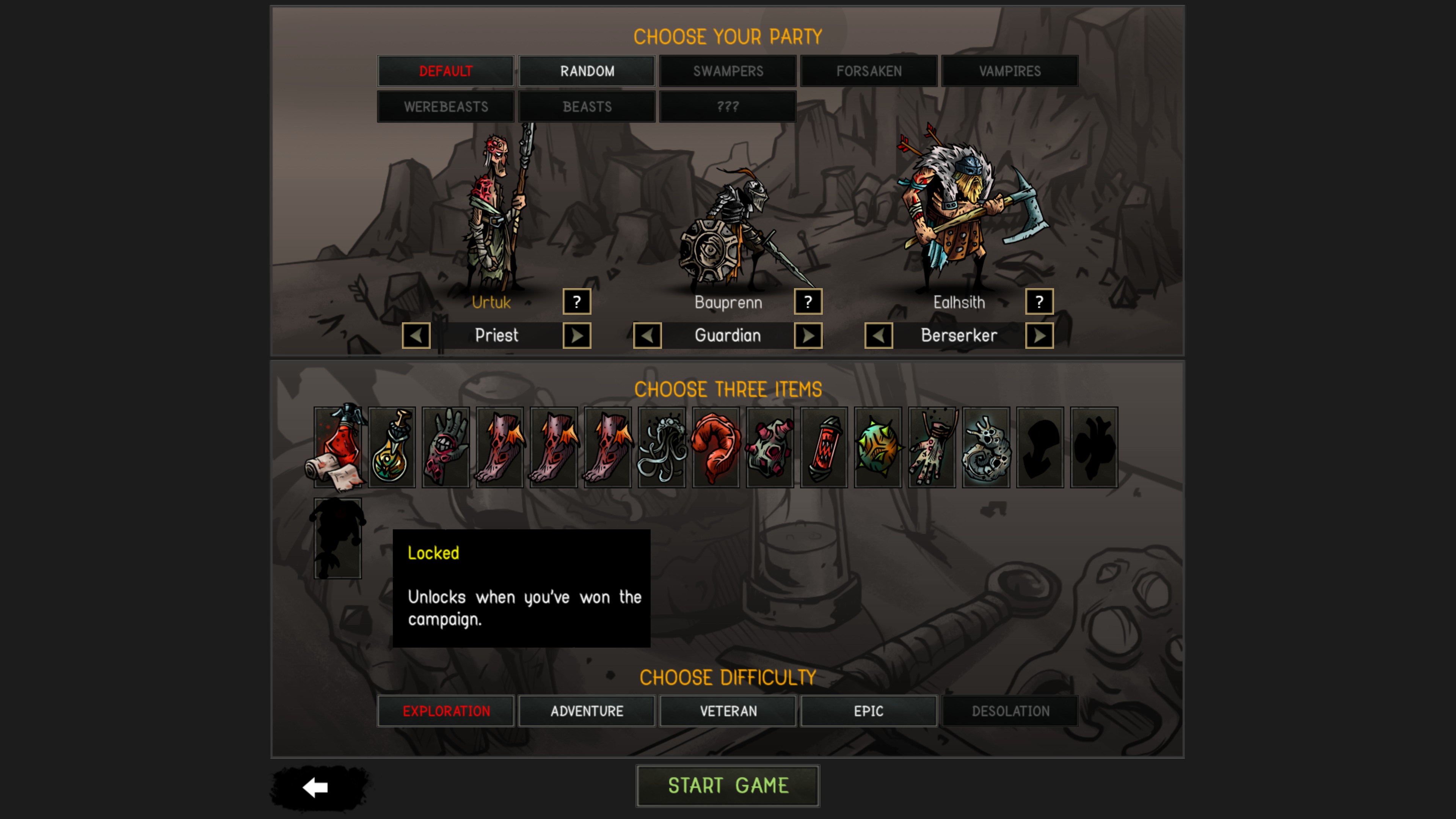 Urtuk The Desolation. Party selection screen showing 7 factions, 3 characters, 14 starting item options, and 5 difficulties. One locked item is highlighted and show the text: unlocks when you've won the campaign.