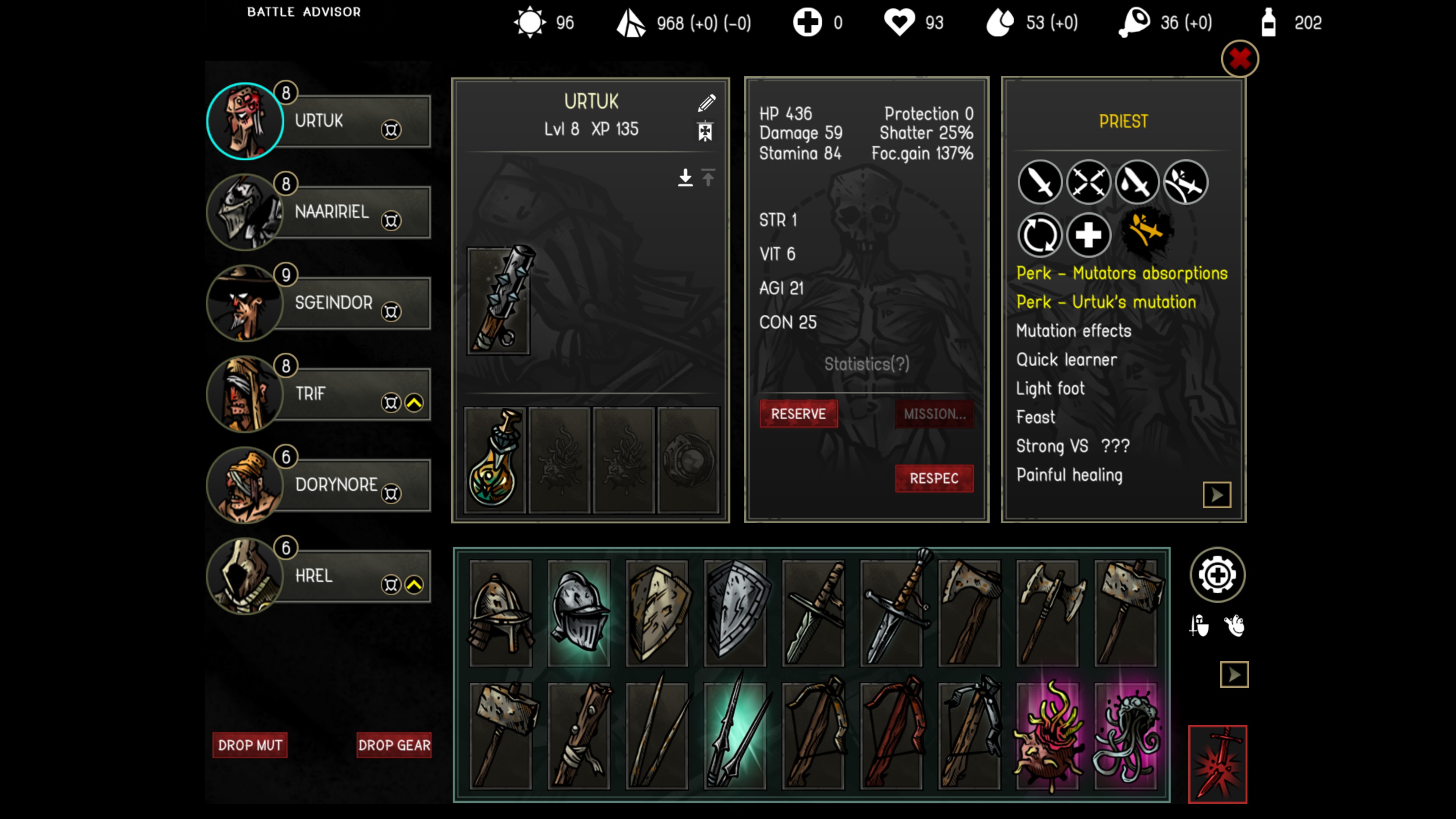 Urtuk The Desolation. Party management screen showing 6 characters, two rows of equipment, and 7 skills and 8 traits with buttons to page through to more.
